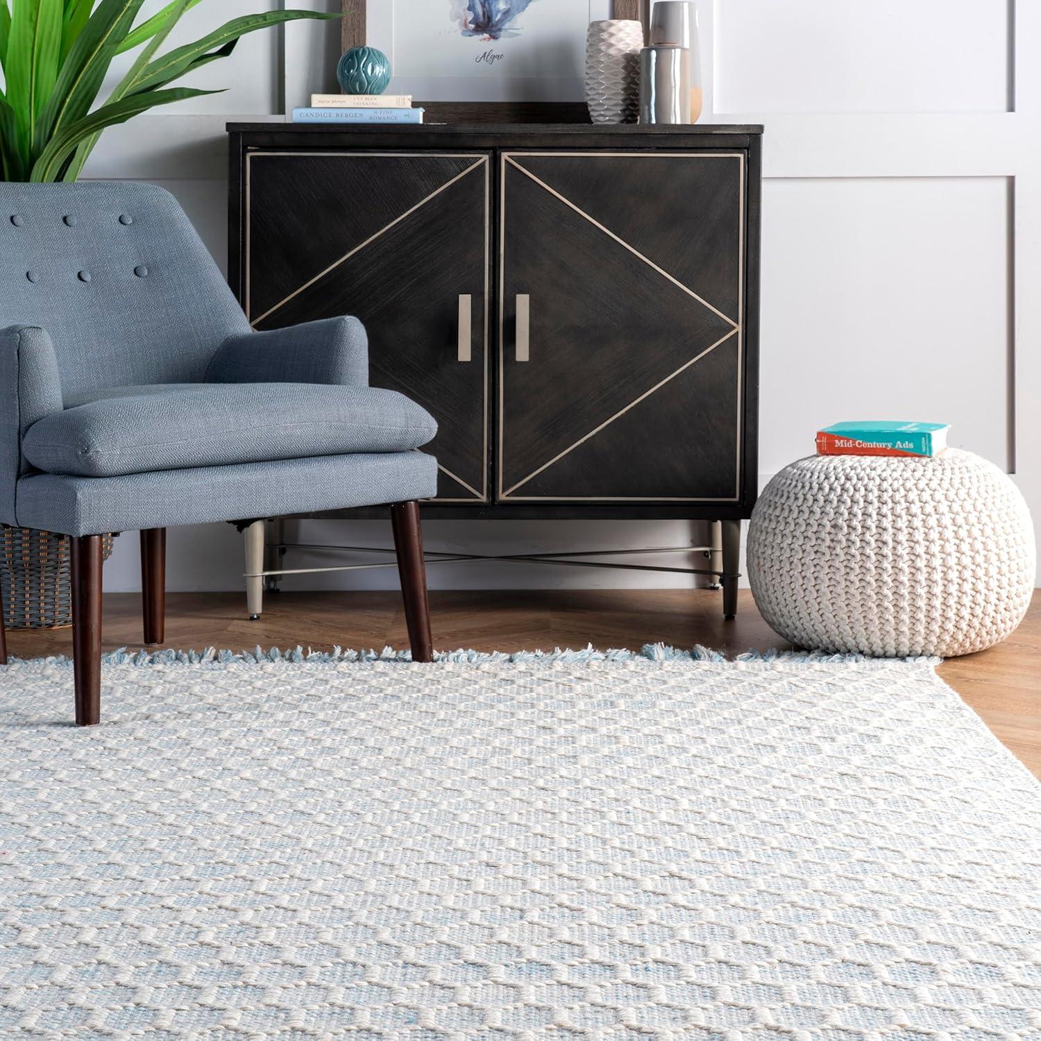 Handmade Honeycomb Geometric Wool-Cotton Rug in Baby Blue, 3' x 5'