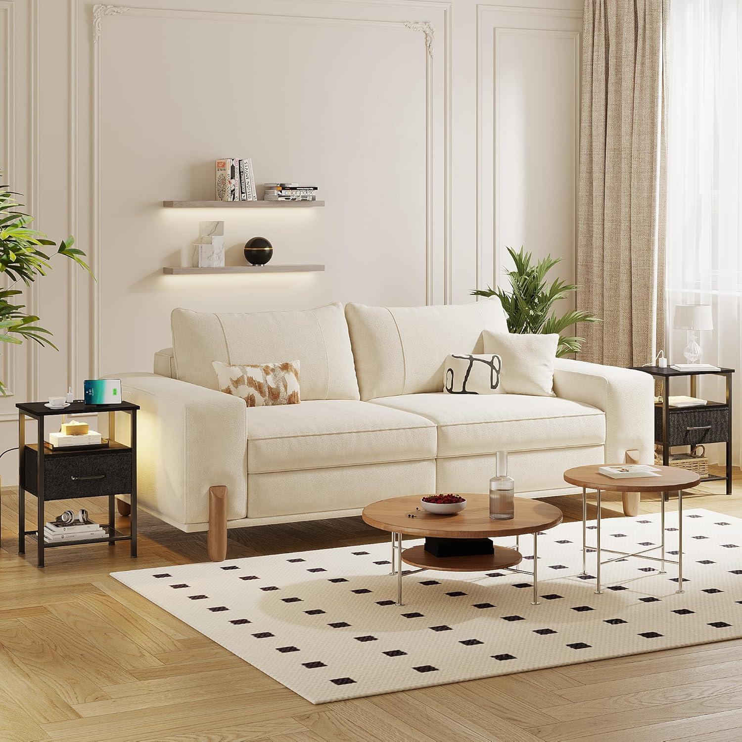 End Table with Charging Station, Narrow Side Table with 2 Fabric Drawers, Skinny Nightstand with LED Light, Slim Bedside Table for Bedroom, Living Room, Small Spaces, White