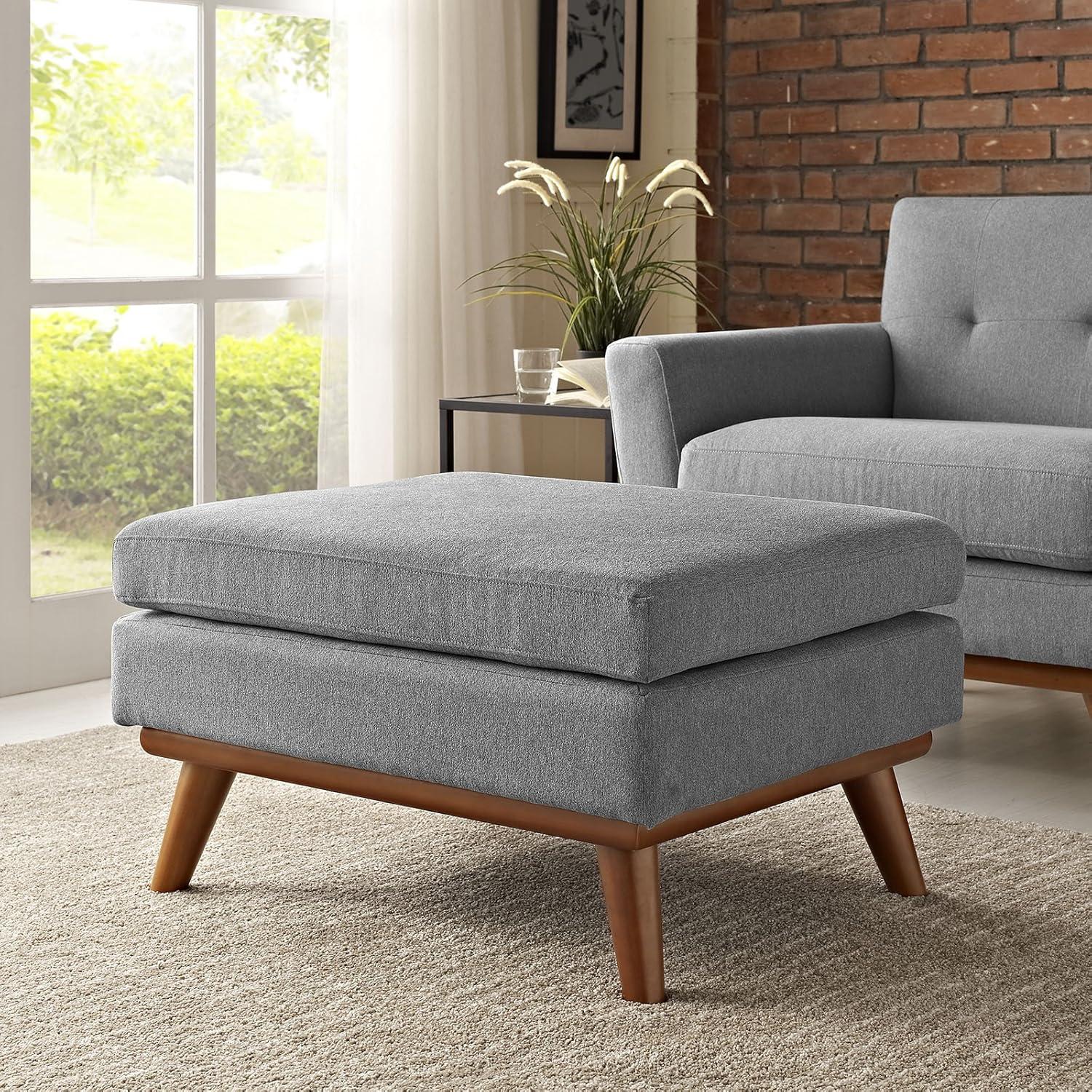 Expectation Gray Tufted Fabric Ottoman with Rubberwood Legs