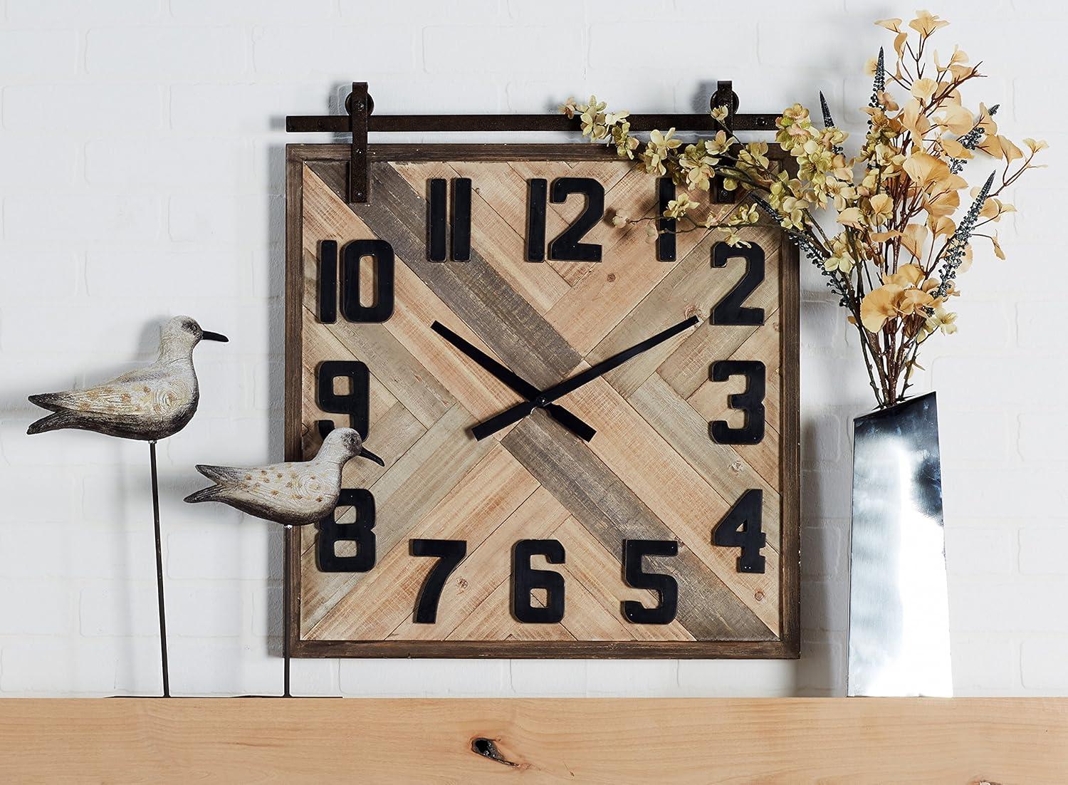 DecMode Industrial Wood Sculpted Wall Clock with Weave Pattern and Brown Finish, 24"W x 27"H