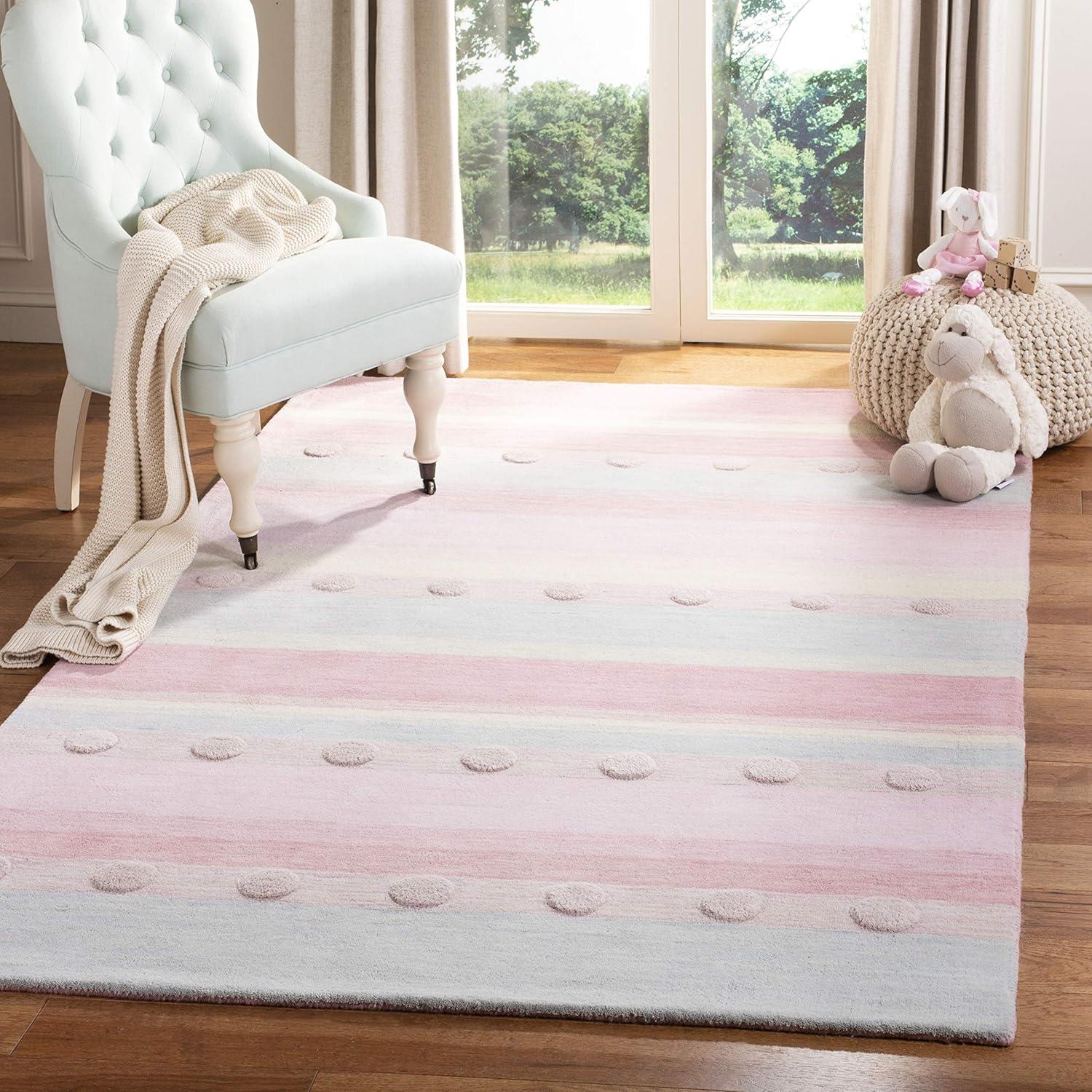 SAFAVIEH Kids Jayde Geometric Striped Wool Area Rug, Light Blue/Pink, 6' x 9'