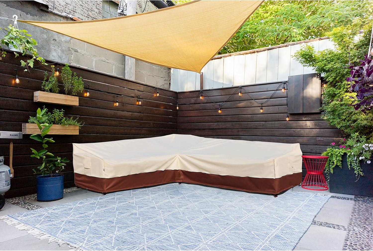 Outdoor Sectional Cover-V-Shaped Garden Patio Furniture Covers Waterproof Rip-Stop Anti-UV 600D Heavy Duty Outdoor Couch Cover with 3 Air Vents Sofa Cover 85''L 33.5''D 31''H,Beige & Reddish Brown