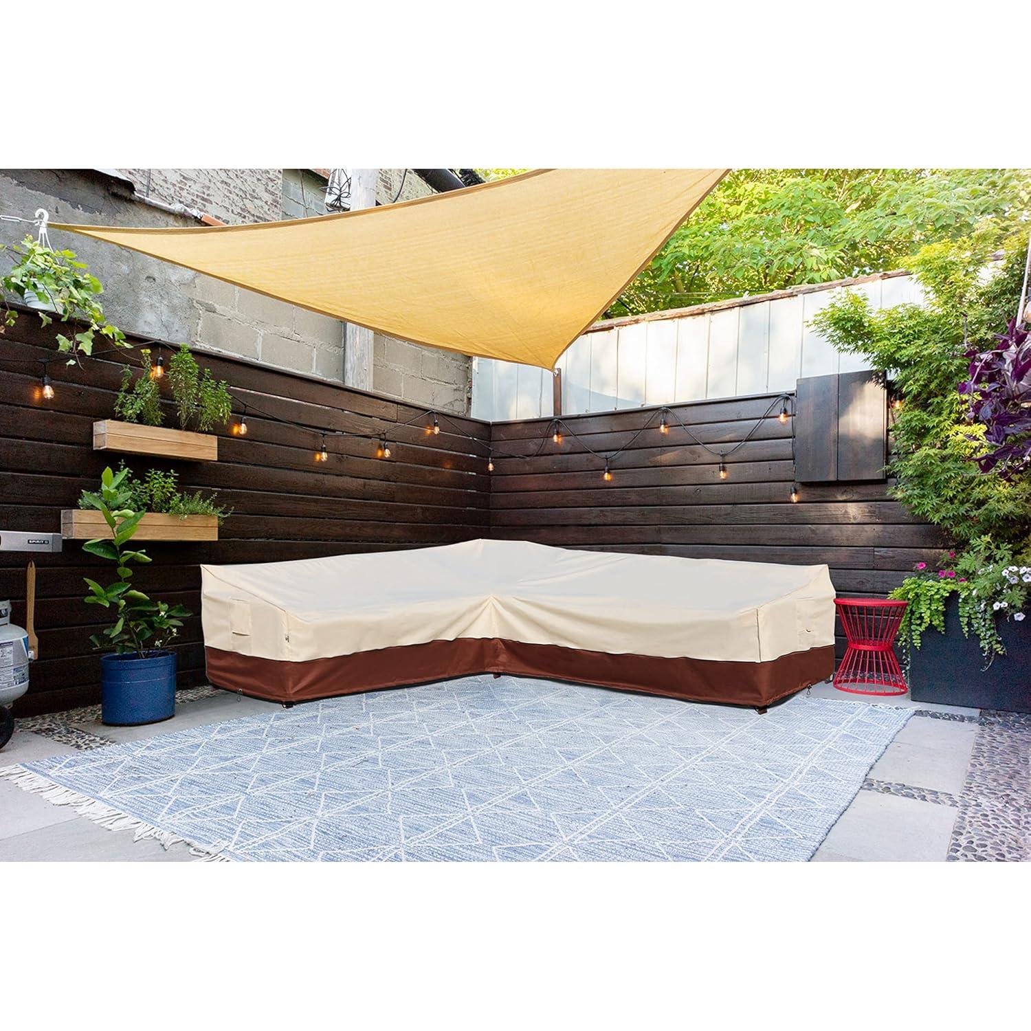 Outdoor Sectional Cover-V-Shaped Garden Patio Furniture Covers Waterproof Rip-Stop Anti-UV 600D Heavy Duty Outdoor Couch Cover with 3 Air Vents Sofa Cover 85''L 33.5''D 31''H,Beige & Reddish Brown