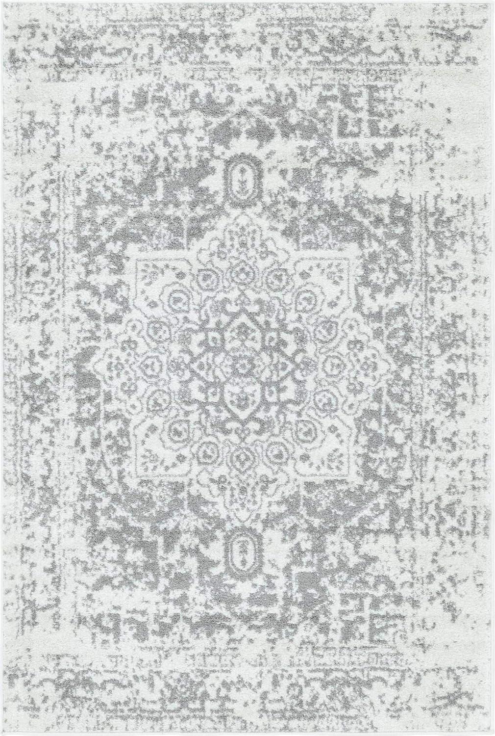 White Medallion 4' x 6' Stain-Resistant Synthetic Area Rug