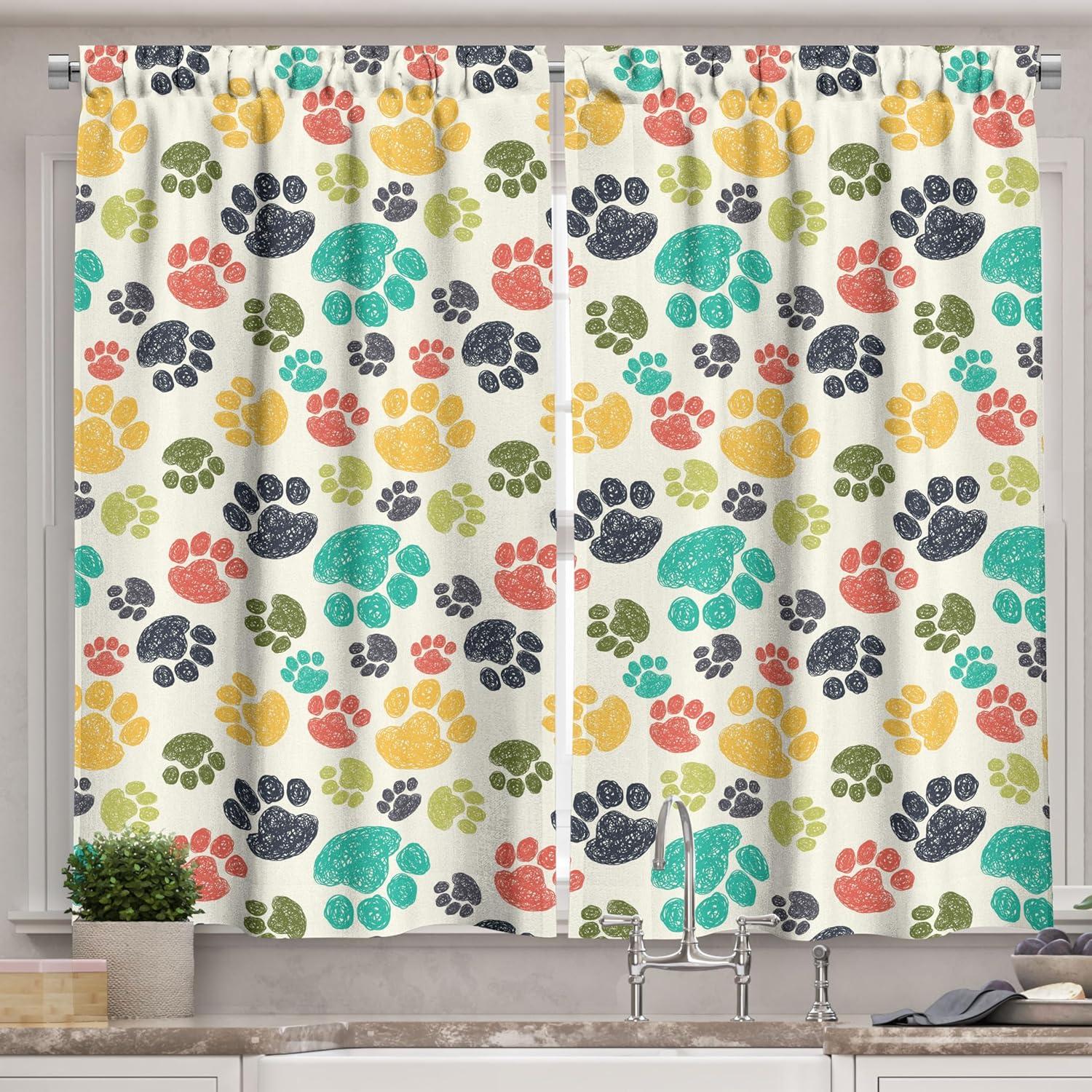 Multicolor Paw Print Light-Filtering Polyester Kitchen Curtains