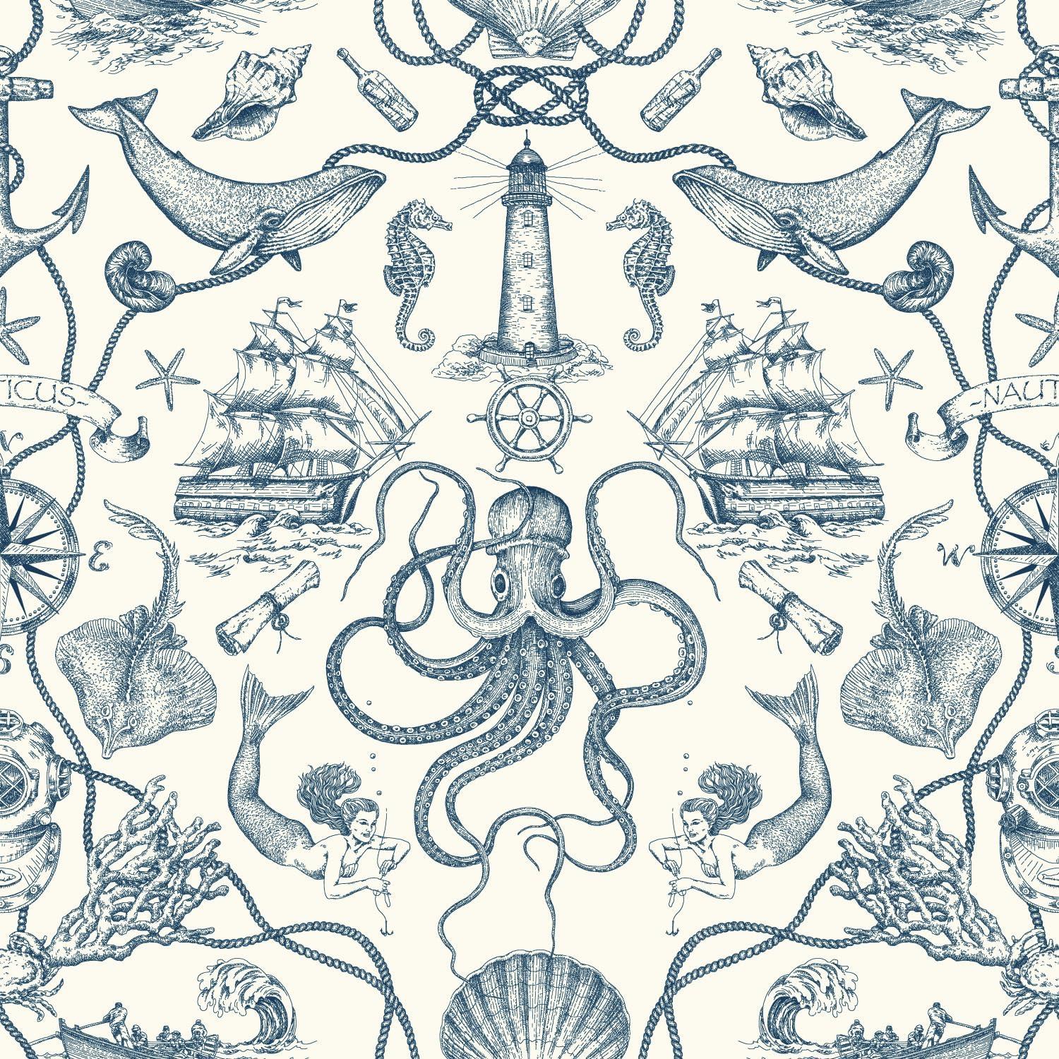 RoomMates Deep Sea Toile Blue Peel and Stick Wallpaper: Nautical Vinyl, Mermaid & Seahorses, Self-Adhesive, 28.18 Sq Ft Coverage