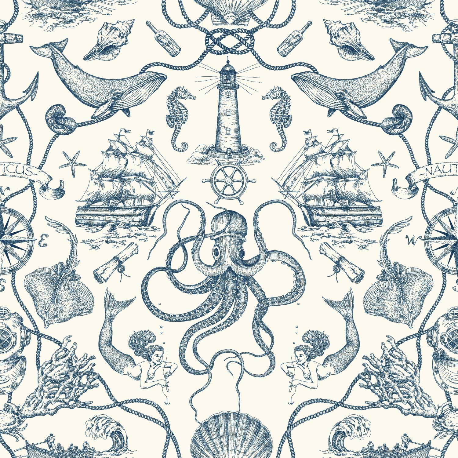 RoomMates Deep Sea Toile Blue Peel and Stick Wallpaper: Nautical Vinyl, Mermaid & Seahorses, Self-Adhesive, 28.18 Sq Ft Coverage