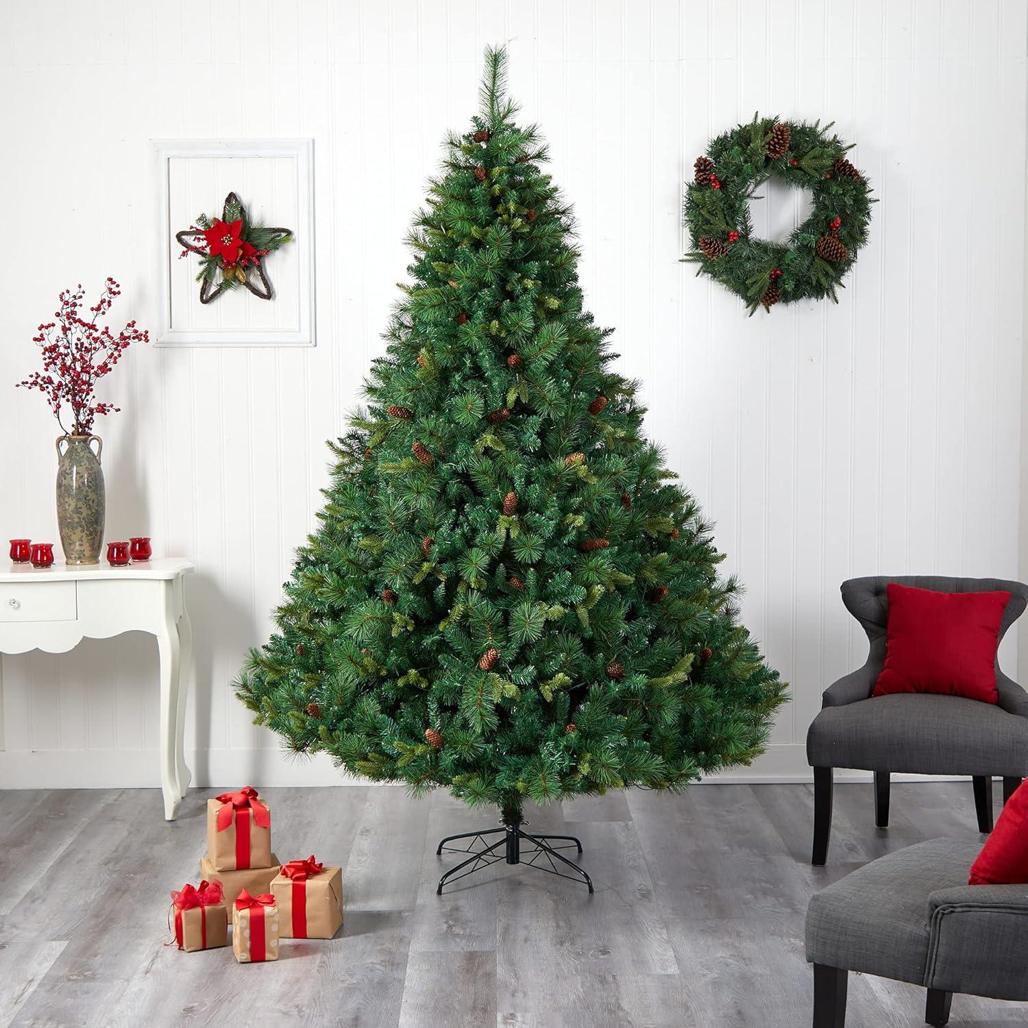 Nearly Natural 8’ West Virginia Full Bodied Mixed Pine Prelit LED Artificial Christmas Tree with Pine Cones