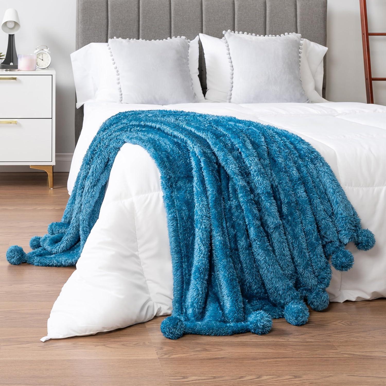 PAVILIA Fluffy Throw Blanket with Pompom, Lightweight Soft Plush Cozy Warm Pom Pom Fringe for Couch Sofa Bed