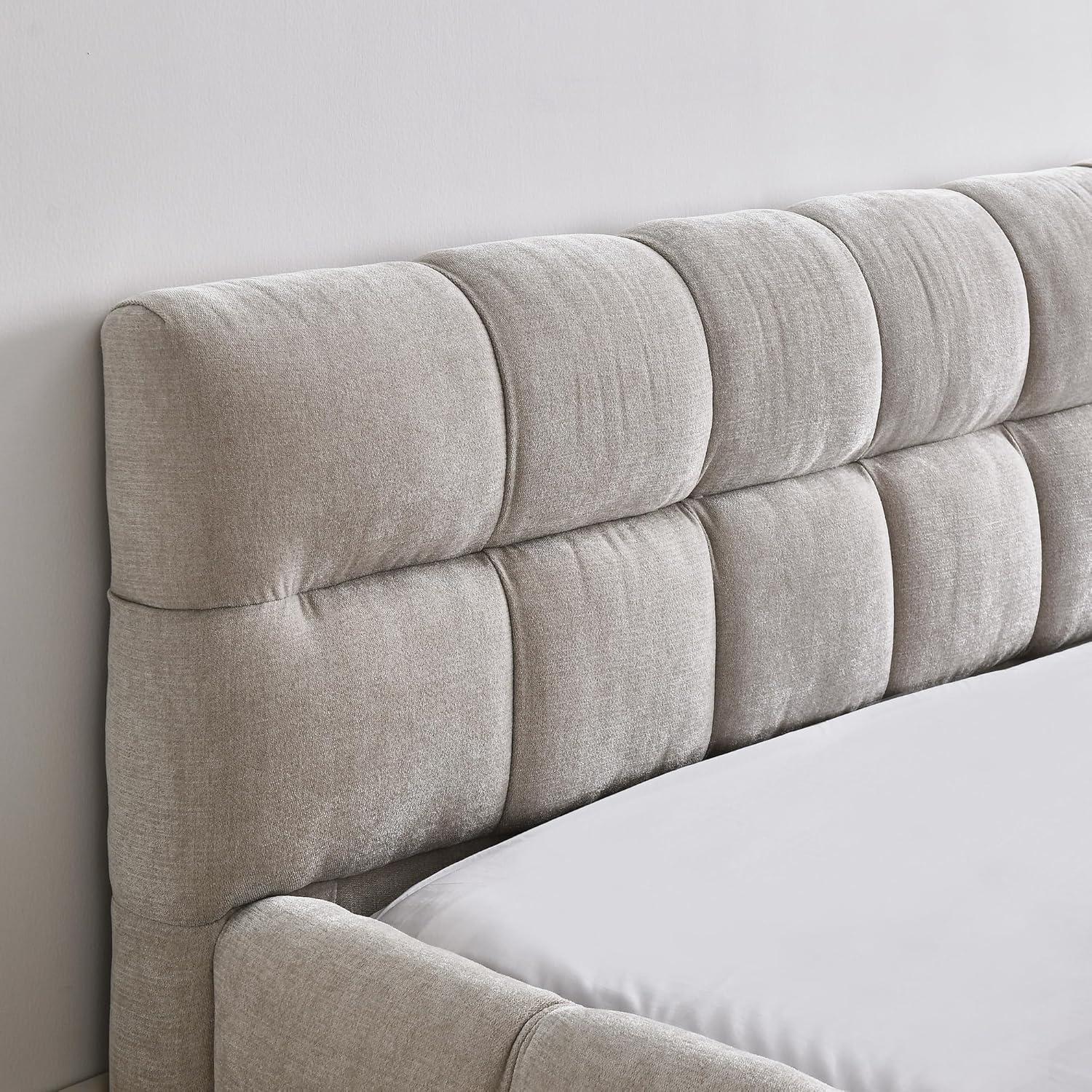 Kumix Queen Size Platform Bed, Upholstered Platform Bed with Thick Fabric, Chenille Fabric Grounded for Kids Teens Adults, Queen Platform Bed Frame with Headboard and Solid Frame, Beige