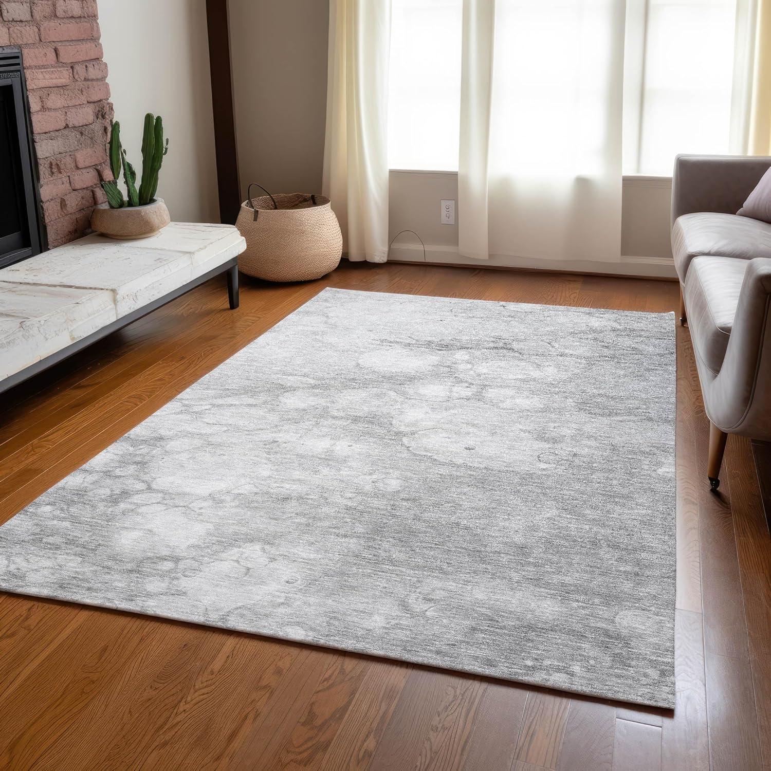 Silver Abstract Machine Washable Indoor Outdoor Rug