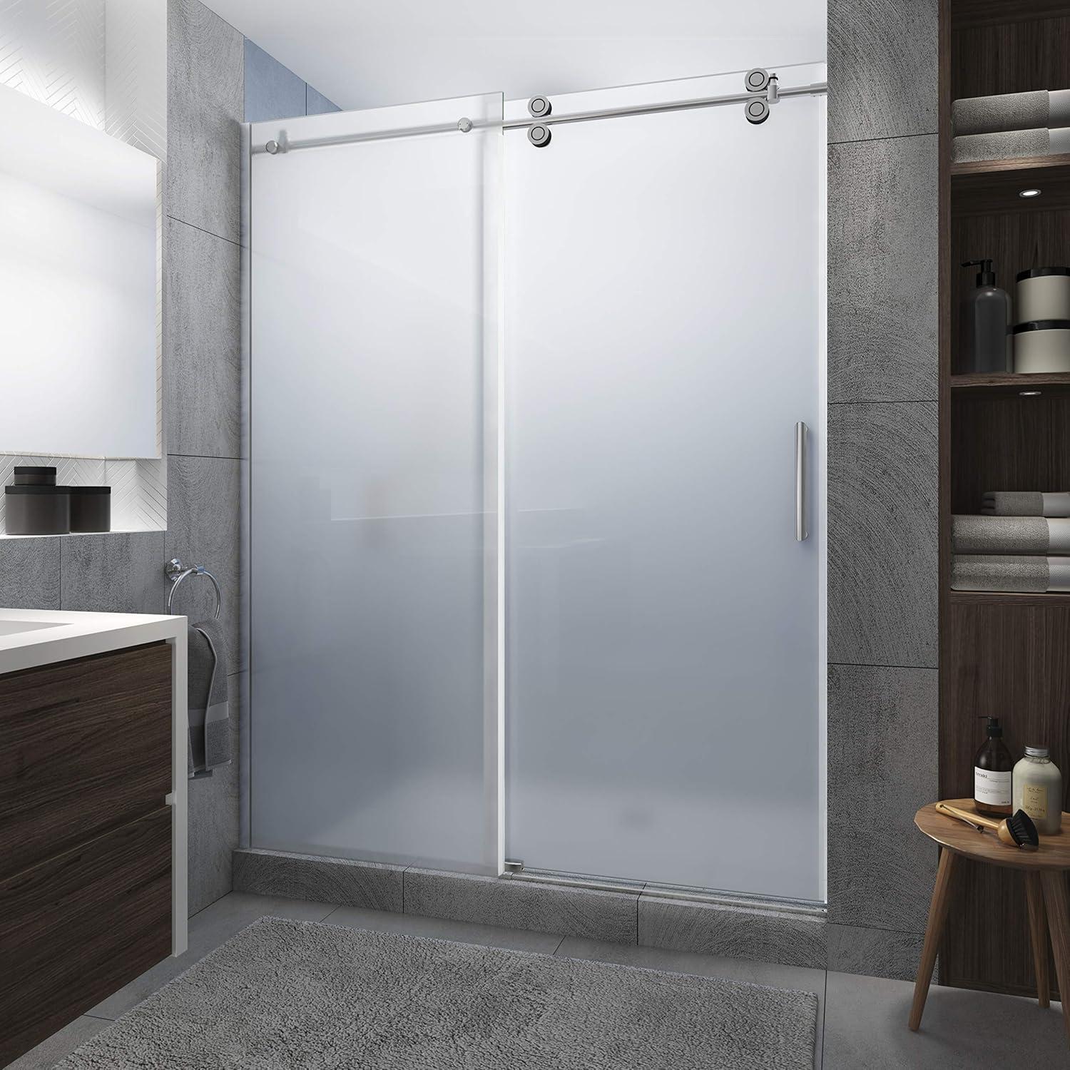 Langham XL 56 - 60" W x 80" H Sliding Frameless Shower Door with Frosted Glass