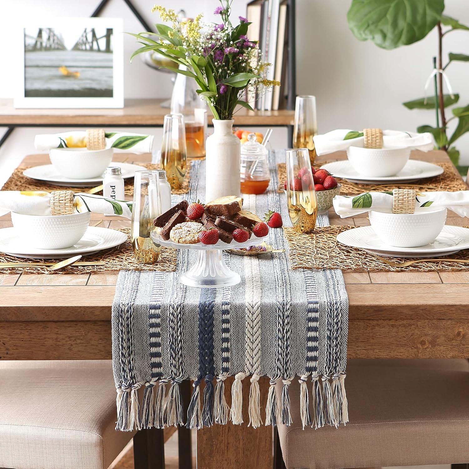 French Blue Cotton Braided Stripe Table Runner with Fringe