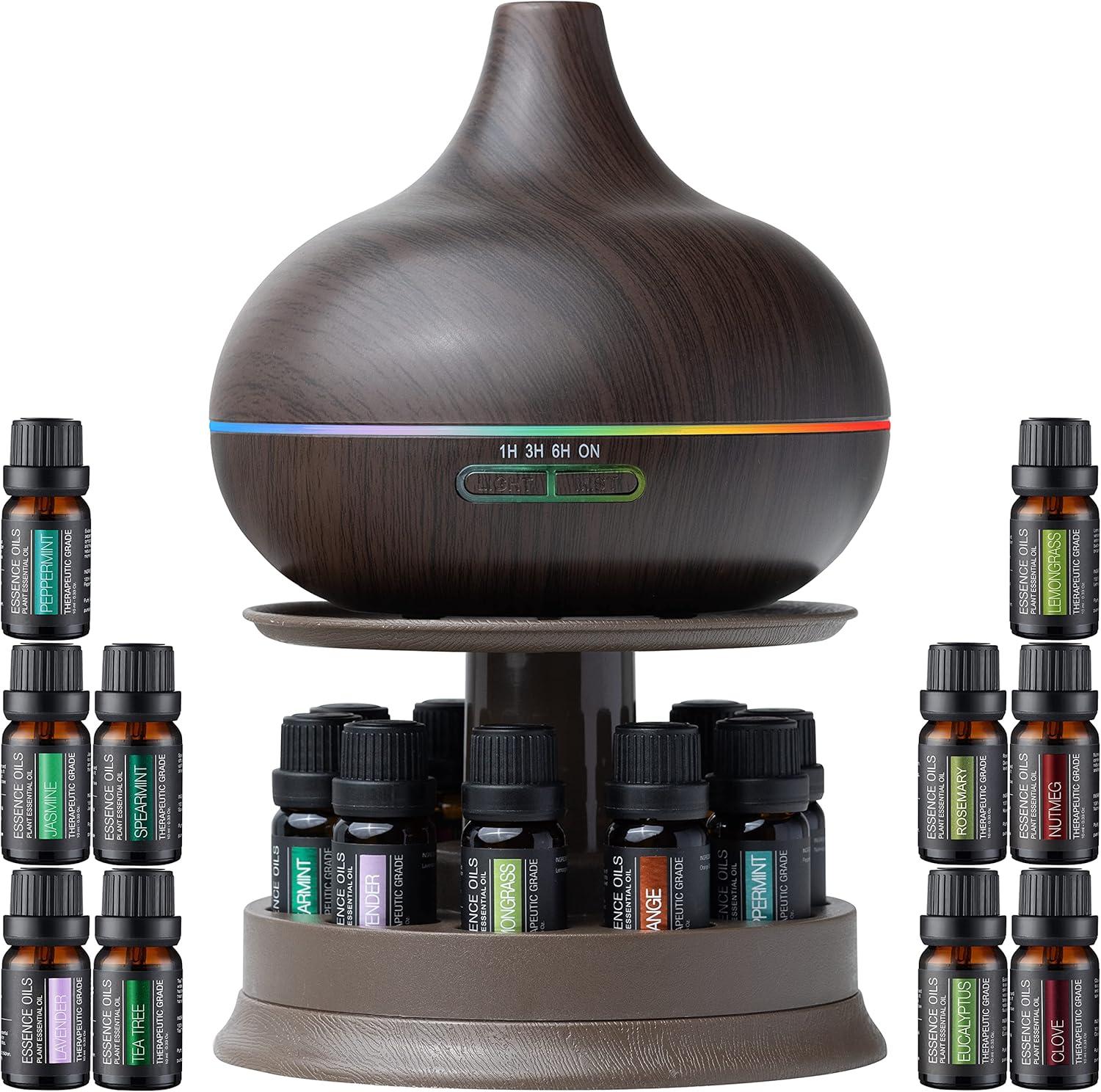 Pure Daily Care Aromatherapy Diffuser Set with Rotating Stand - 300 ml, 10 Essential Oils (Dark Brown)