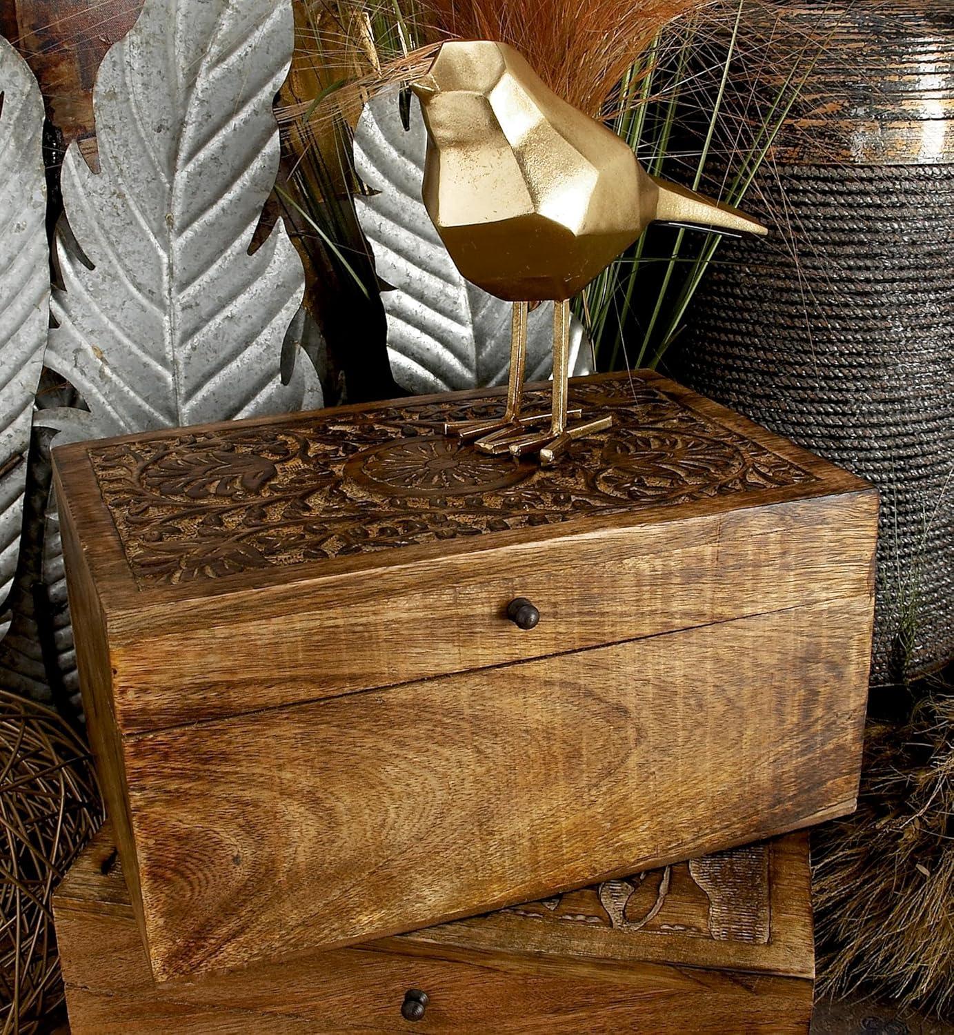 Rustic Mango Wood Floral Carved Lidded Box Set