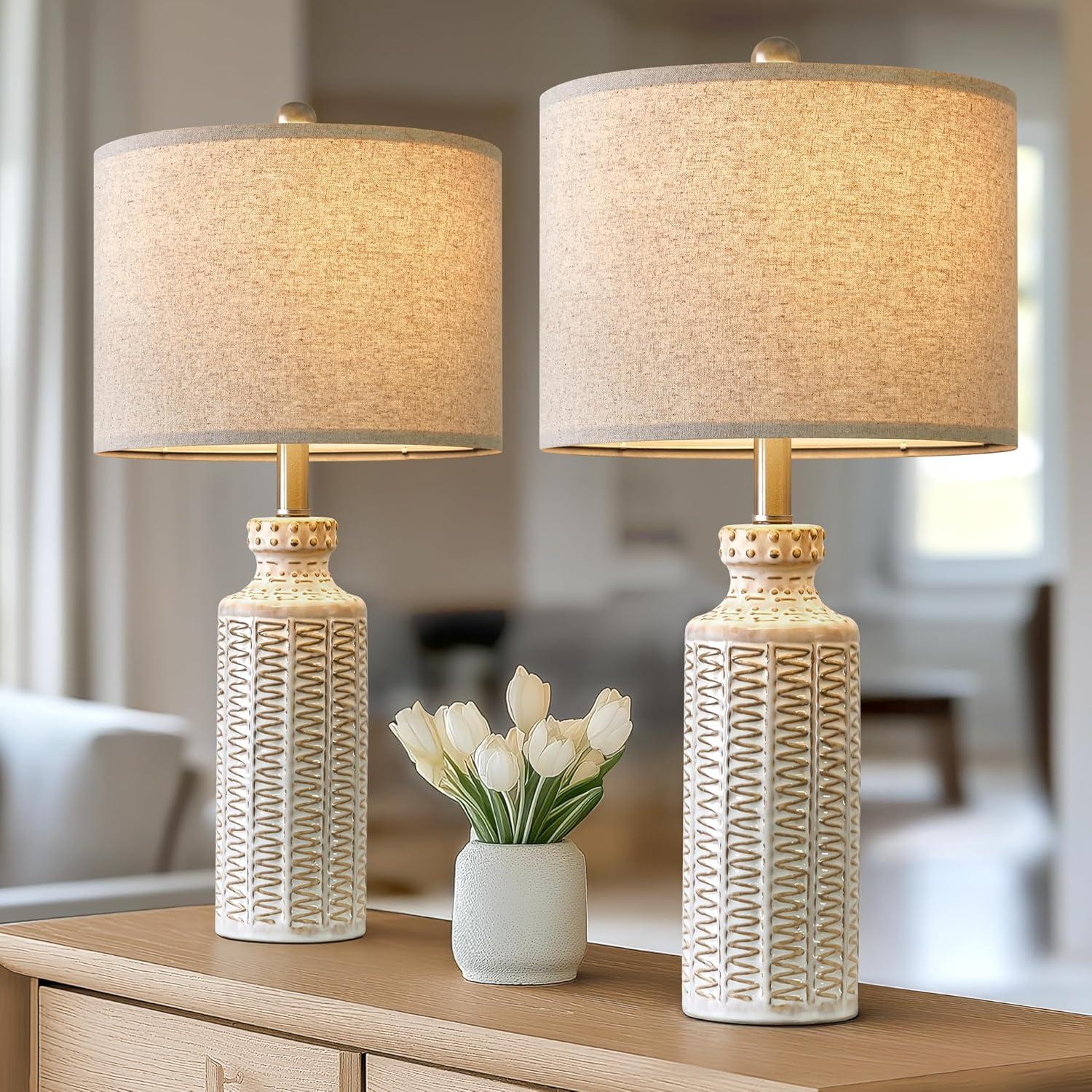 23" Modern Ceramic Table Lamp Set of 2 for Living Room White Desk Lamps for Bedroom Farmhouse Bedside Nightstand Bedside Lamp End Table Lamps Beige