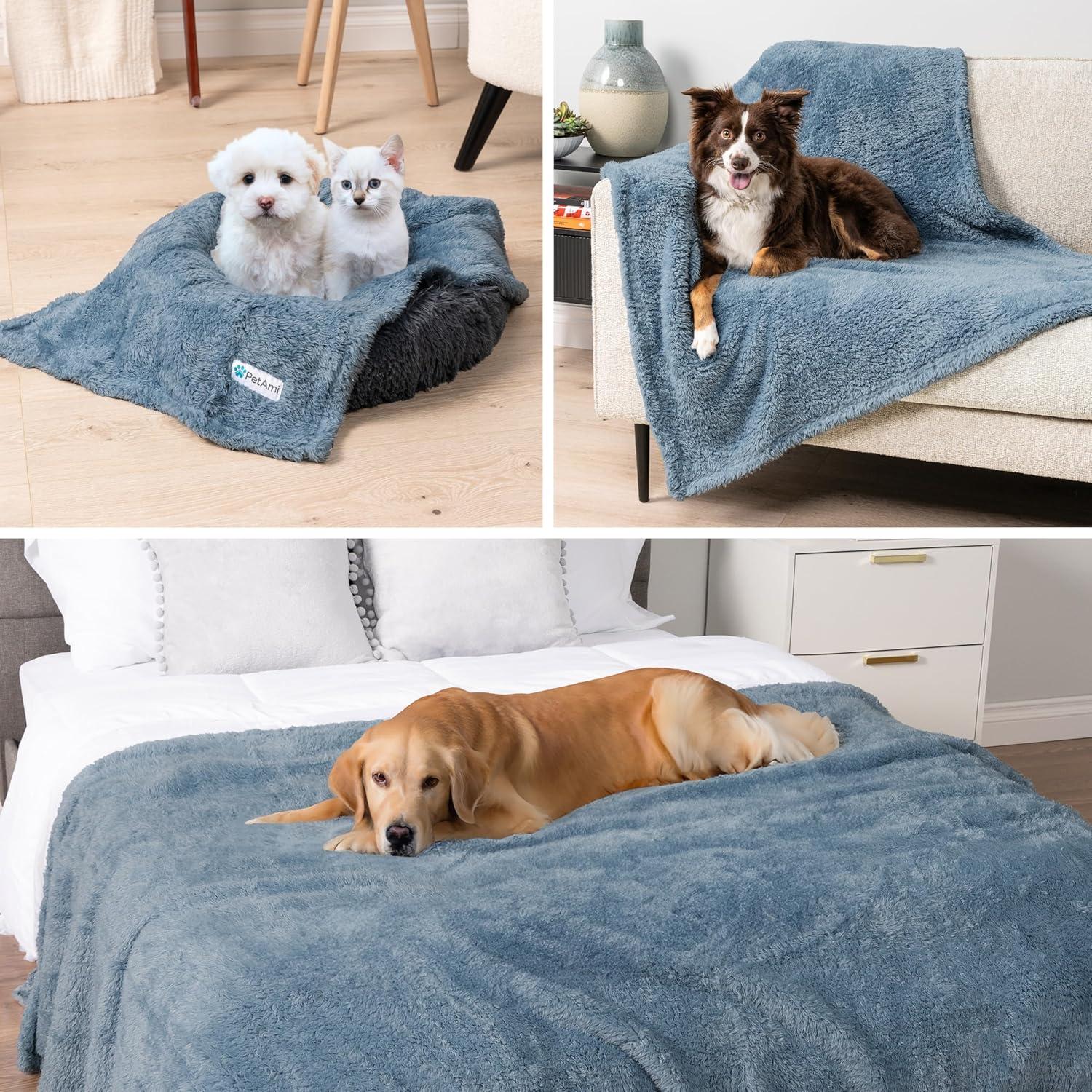 PetAmi Fluffy Waterproof Dog Blanket For Pet Cat Puppy, Soft Faux Shearling Throw Couch Cover, Plush Washable Reversible