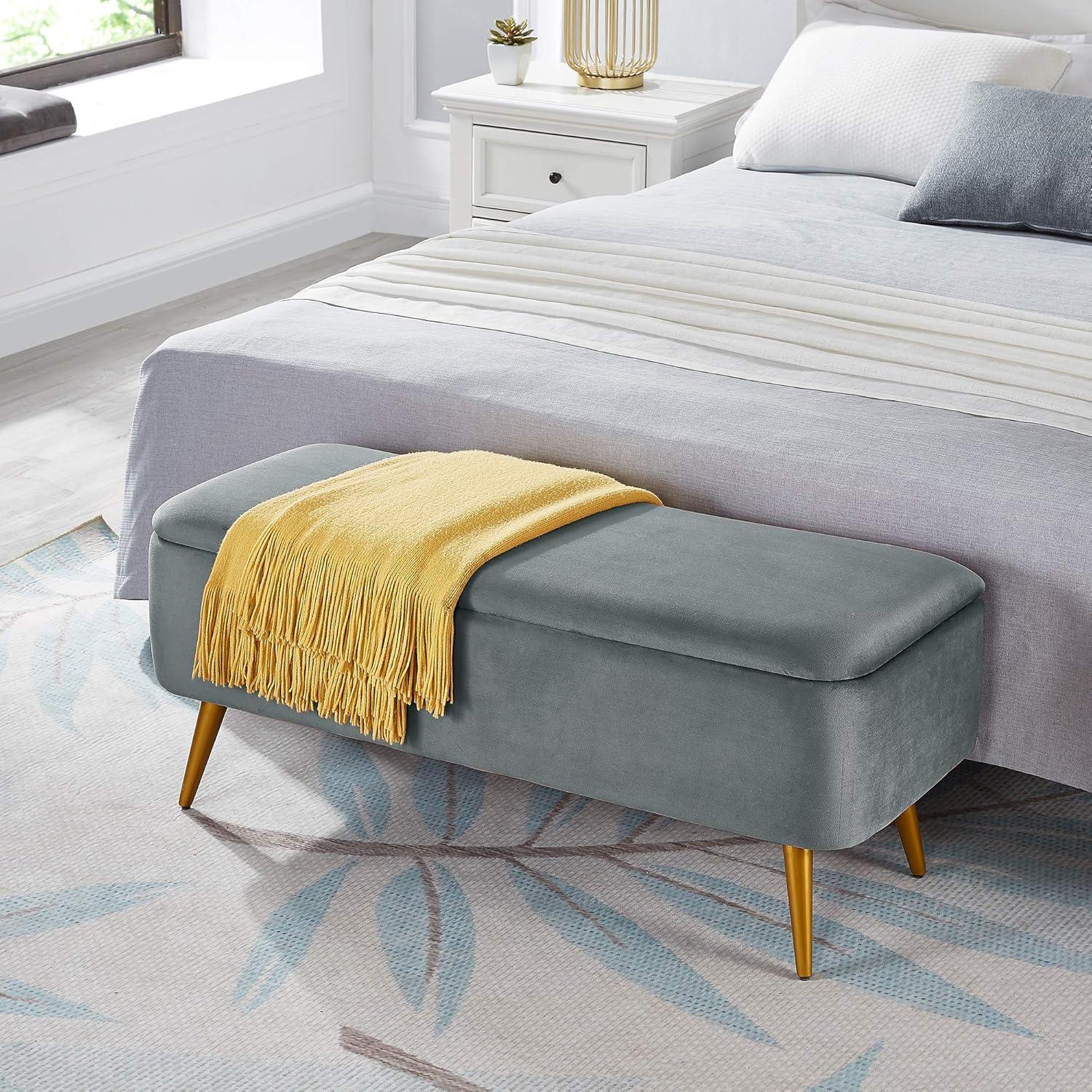 Gray Velvet Upholstered Storage Bench with Golden Tapered Legs