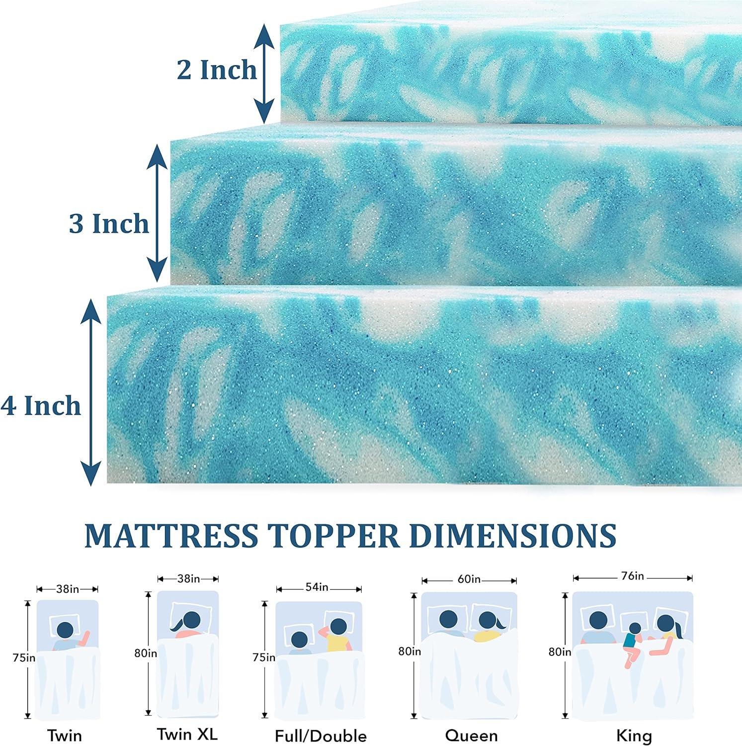 Queen Size Blue Gel Memory Foam Mattress Topper