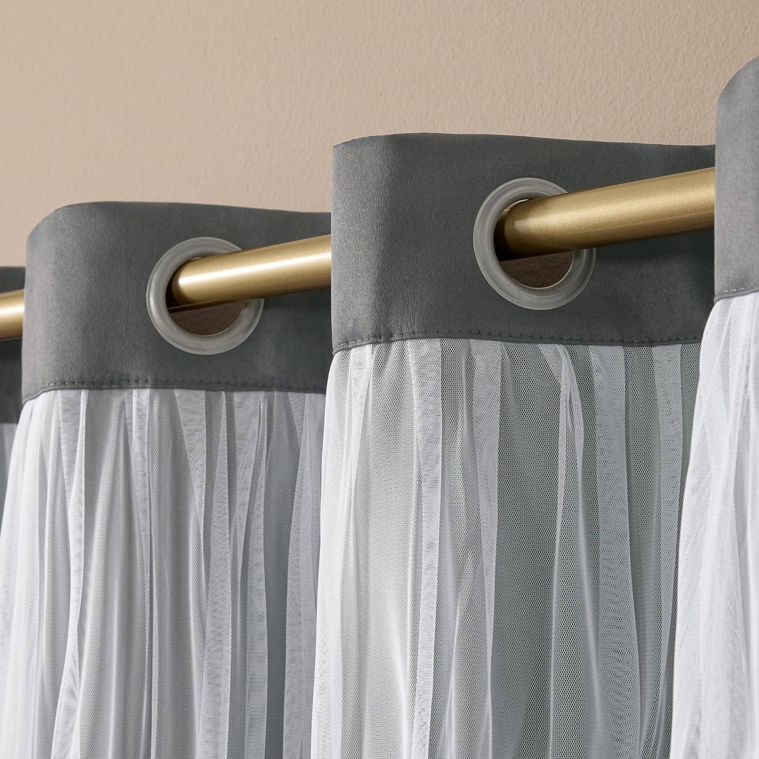 Set of 2 (108"x52") Caterina Layered Solid Blackout with sheer top Curtain Panels Black Pearl - Exclusive Home