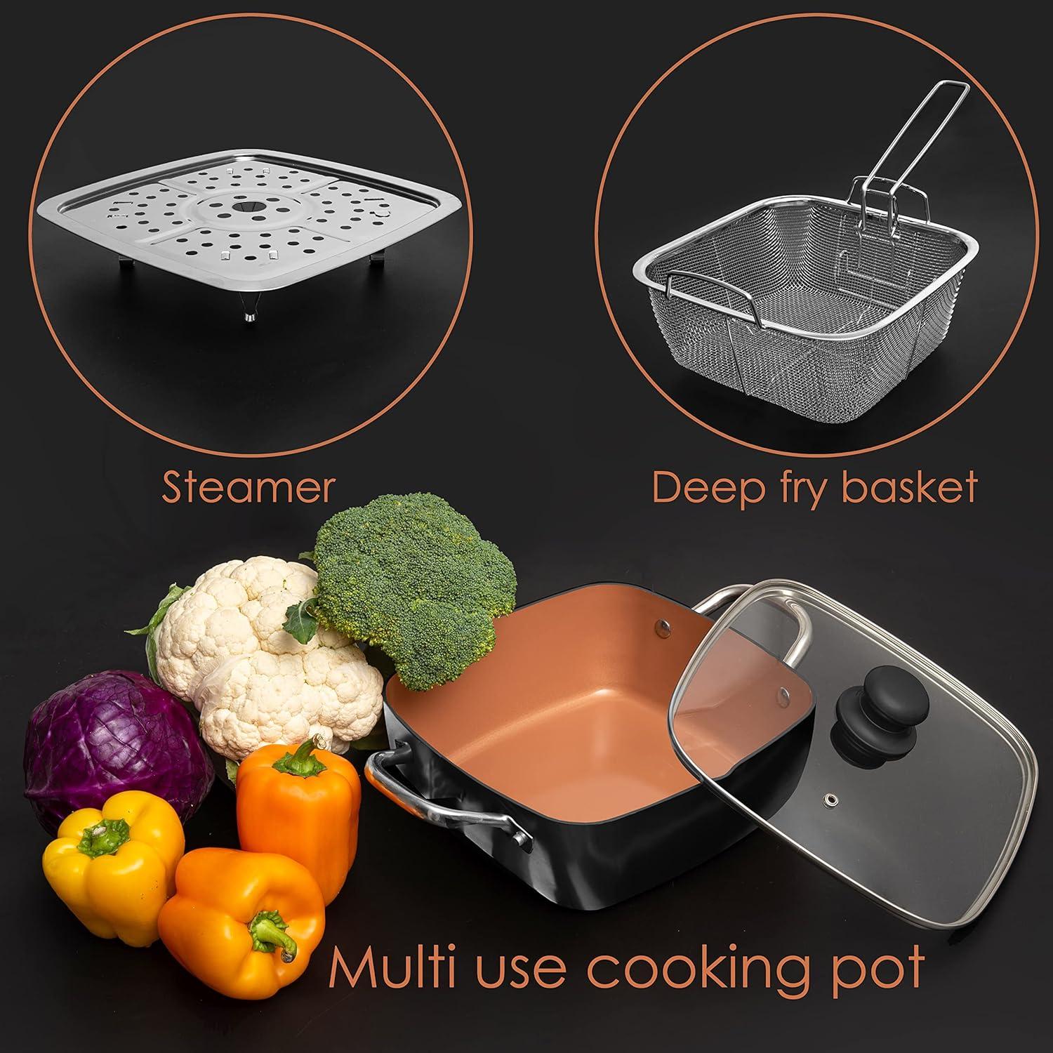 Moss & Stone Copper 5 Piece Set Chef Cookware, 9.5” Non Stick Pan, Deep Square Pan, Fry Basket, Steamer Tray, Dishwasher & Oven Safe, 5 Quart Copper Pot Set, Black Induction Cookware Set