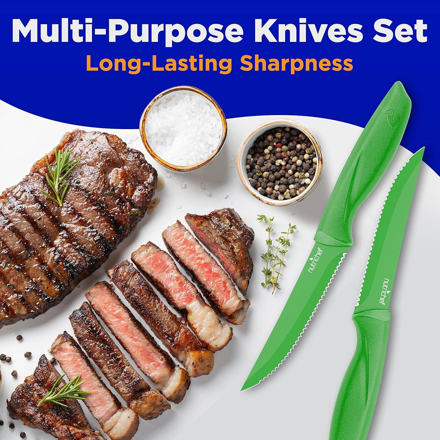 NutriChef 8-Piece Steak Knives Set with Non-Stick Coating and Stainless Steel Blades - Green