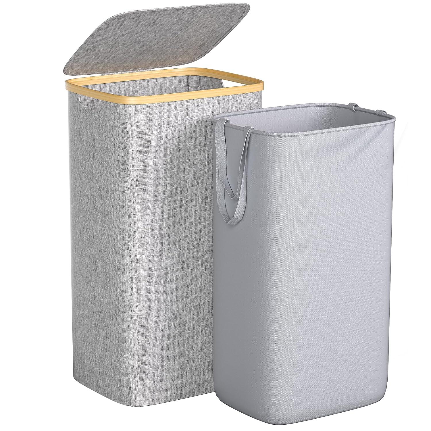 Large Laundry Hamper, 100L Waterproof Laundry Basket with Lid and Removable Bag, Collapsible Tall Clothes Hamper with Bamboo Handles for Clothes Toys in Dorm Bedroom Bathroom, Grey