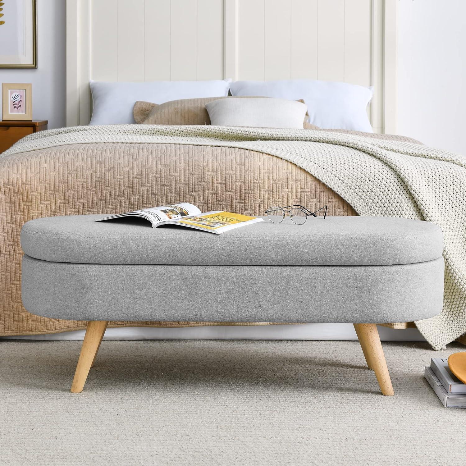Sumdeal 43.5" Storage Ottoman Bench with 250lb Seating, Linen Upholstered Wood Legs Safety Hinge Flip Top Oval Foot Rest Long Stool for Sofa Couch Bedroom End of Bed Living Room Entryway, Grey