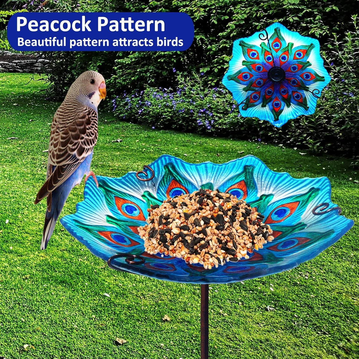 Evergreen Garden 2GB209 11 Inch Peacock Glass Bird Bath Bowl with Metal Stake