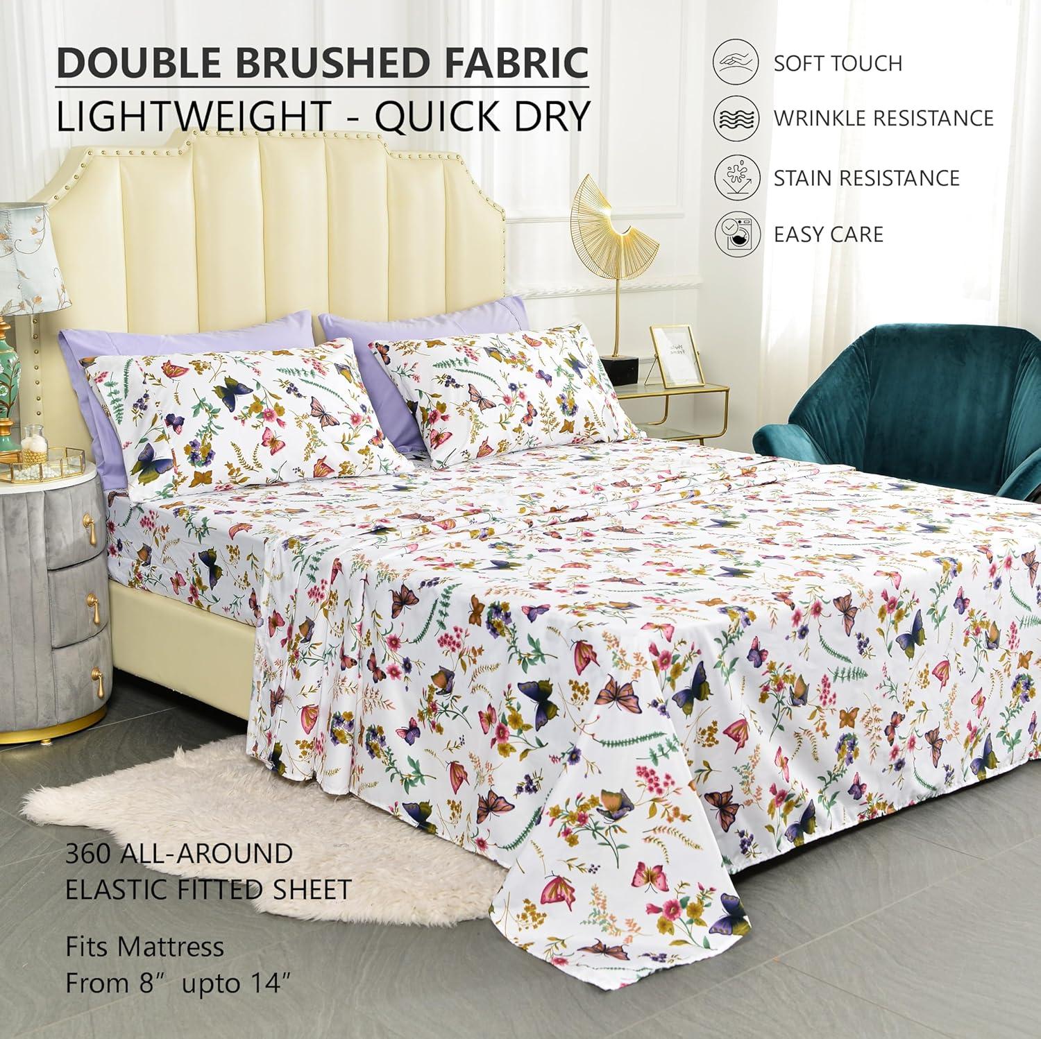 Full Size White and Purple Butterfly Microfiber Bedding Set