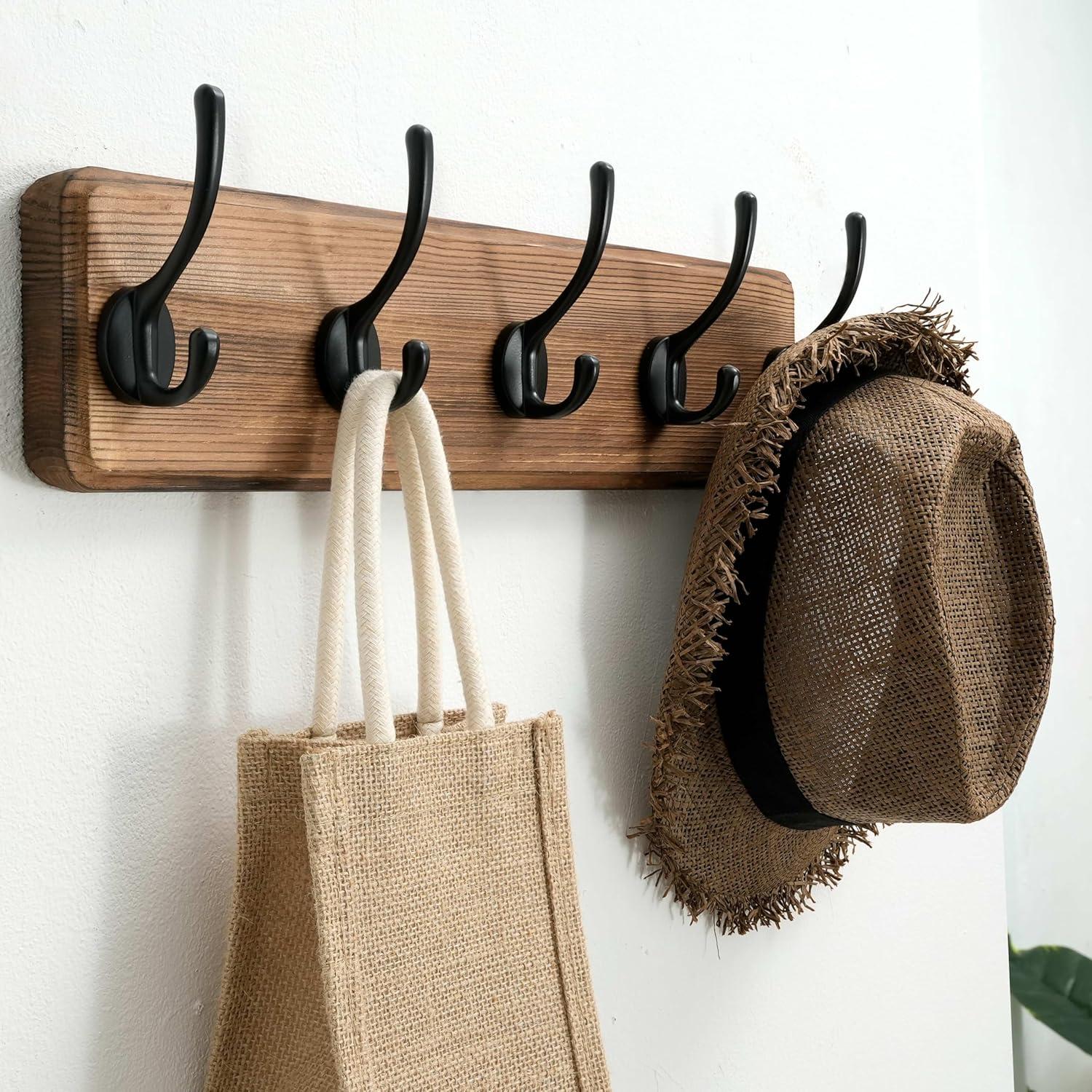 Rustic Distressed Pine Wall Mounted Coat Rack with Black Hooks