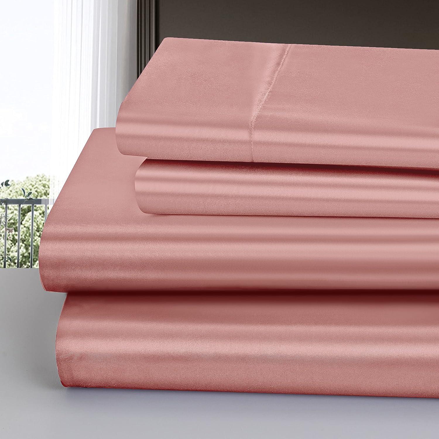 Homiest 4pcs Satin Sheets Set Luxury Silky Satin Bedding Set with Deep Pocket, 1 Fitted Sheet + 1 Flat Sheet + 2 Pillowcases (Queen Size, Blush Pink)