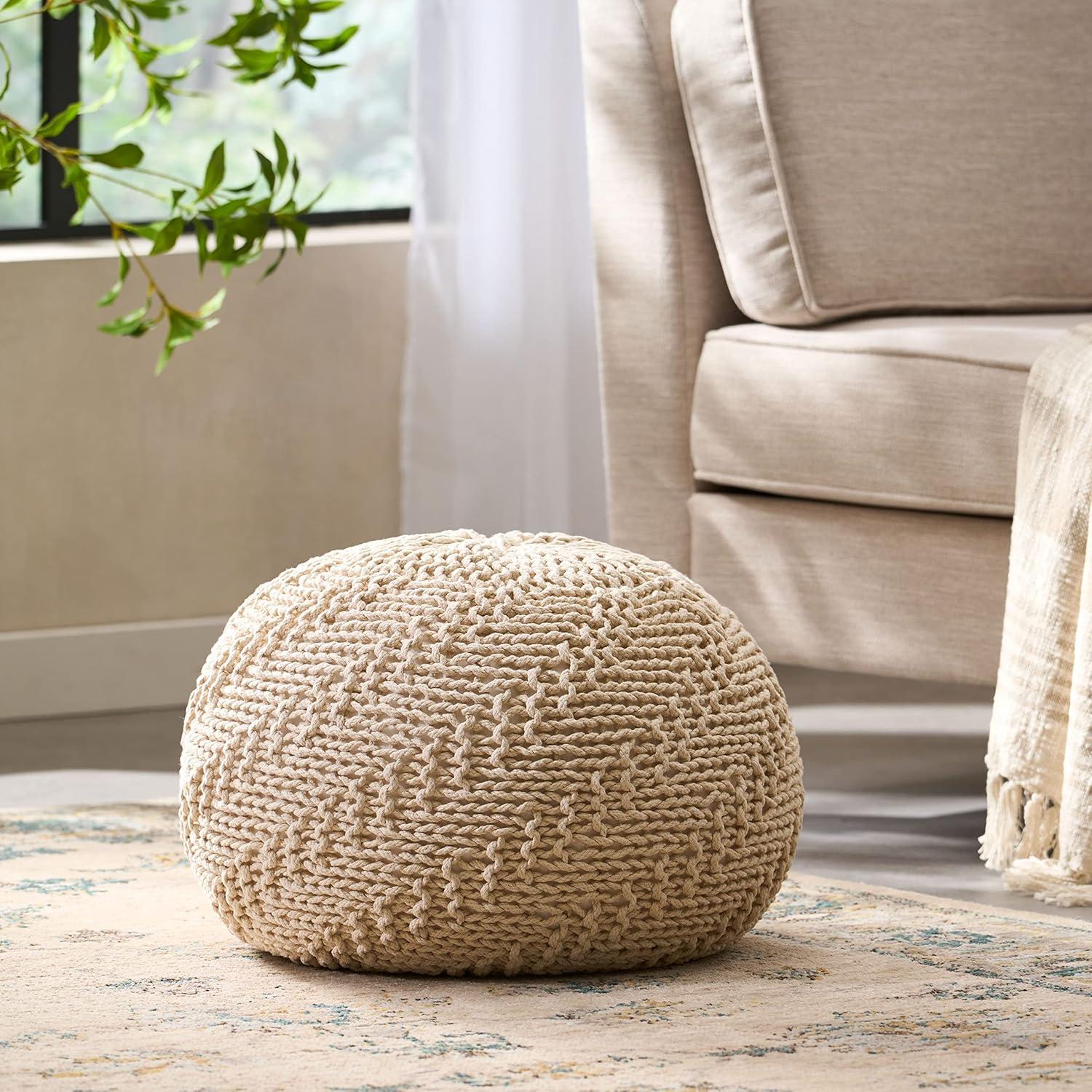 Christopher Knight Home Barwick Modern Knitted Round Pouf Ivory: Upholstered Ottoman, No Assembly Required