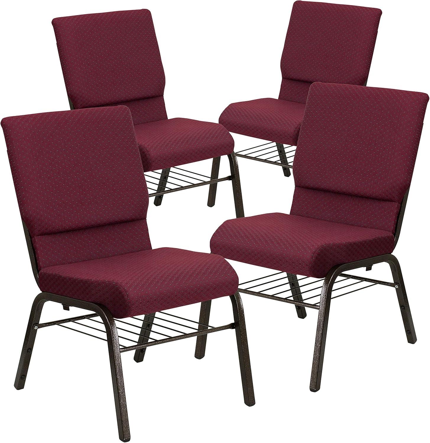 Burgundy Patterned Fabric Church Chairs with Gold Metal Frame, Set of 4