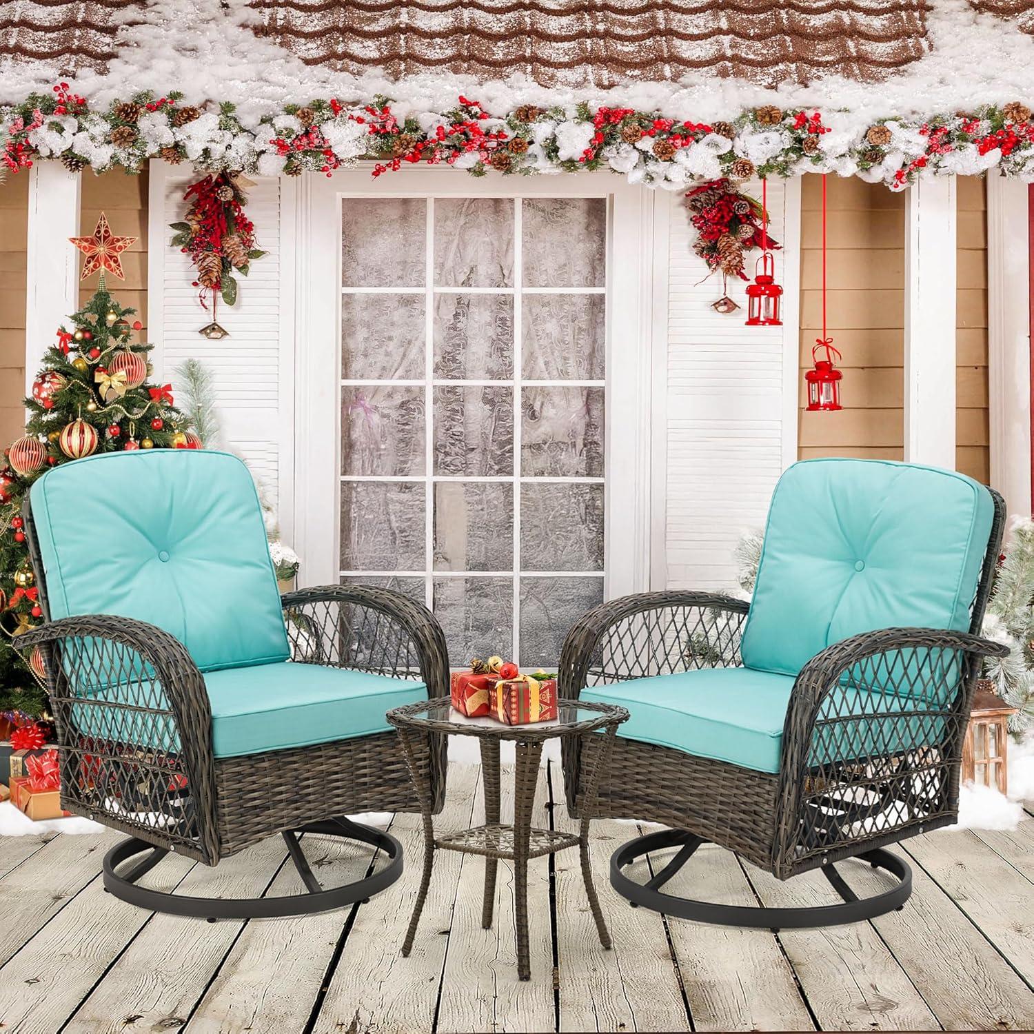 Blue Wicker Patio Bistro Set with Swivel Rocking Chairs