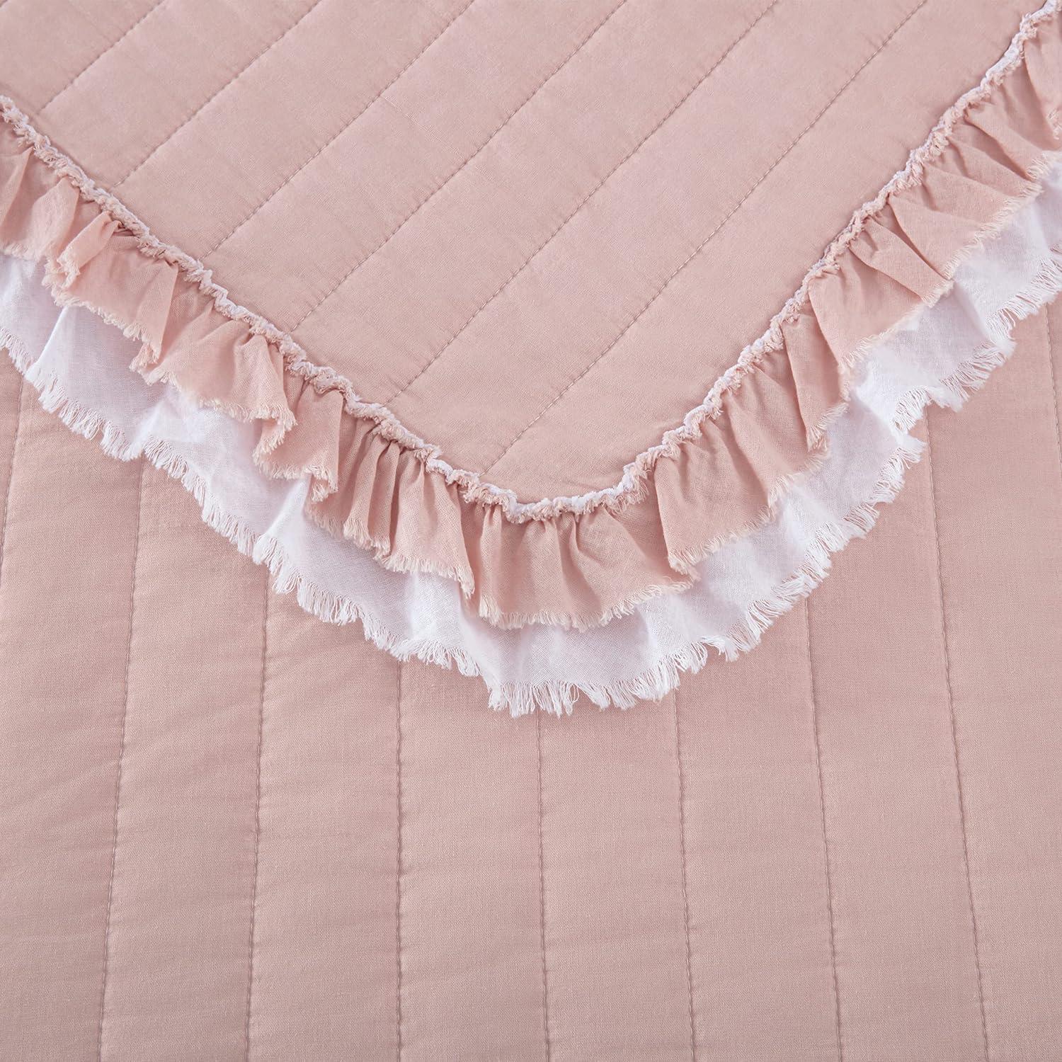 Chezmoi Collection Bonnie 2-Piece 100% Cotton Quilt Set Twin Size, Blush - Double Frayed Ruffled Edge Lightweight Pre-Washed Soft-Finished Cotton Bedspread for All Season