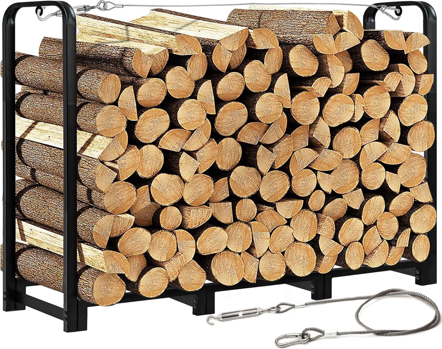 XZKING 4ft Firewood Rack Adjustable Metal Heavy Duty Fire Log Stand for Indoor Outdoor