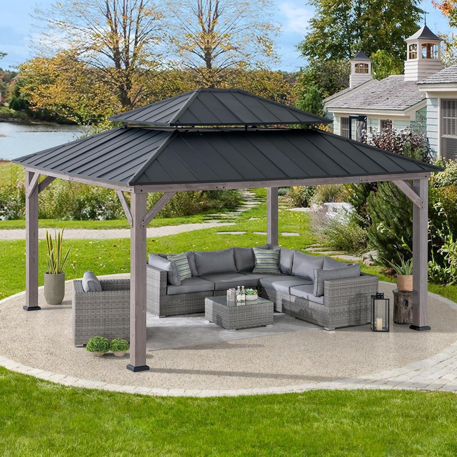 Sunjoy Sunjoy 13 x 15 ft. Wood Gazebo, Outdoor Patio Steel Hardtop Gazebo, Cedar Framed Wooden Gazebo with 2-Tier Metal Roof, Suitable for Patios, Lawn and Backyard