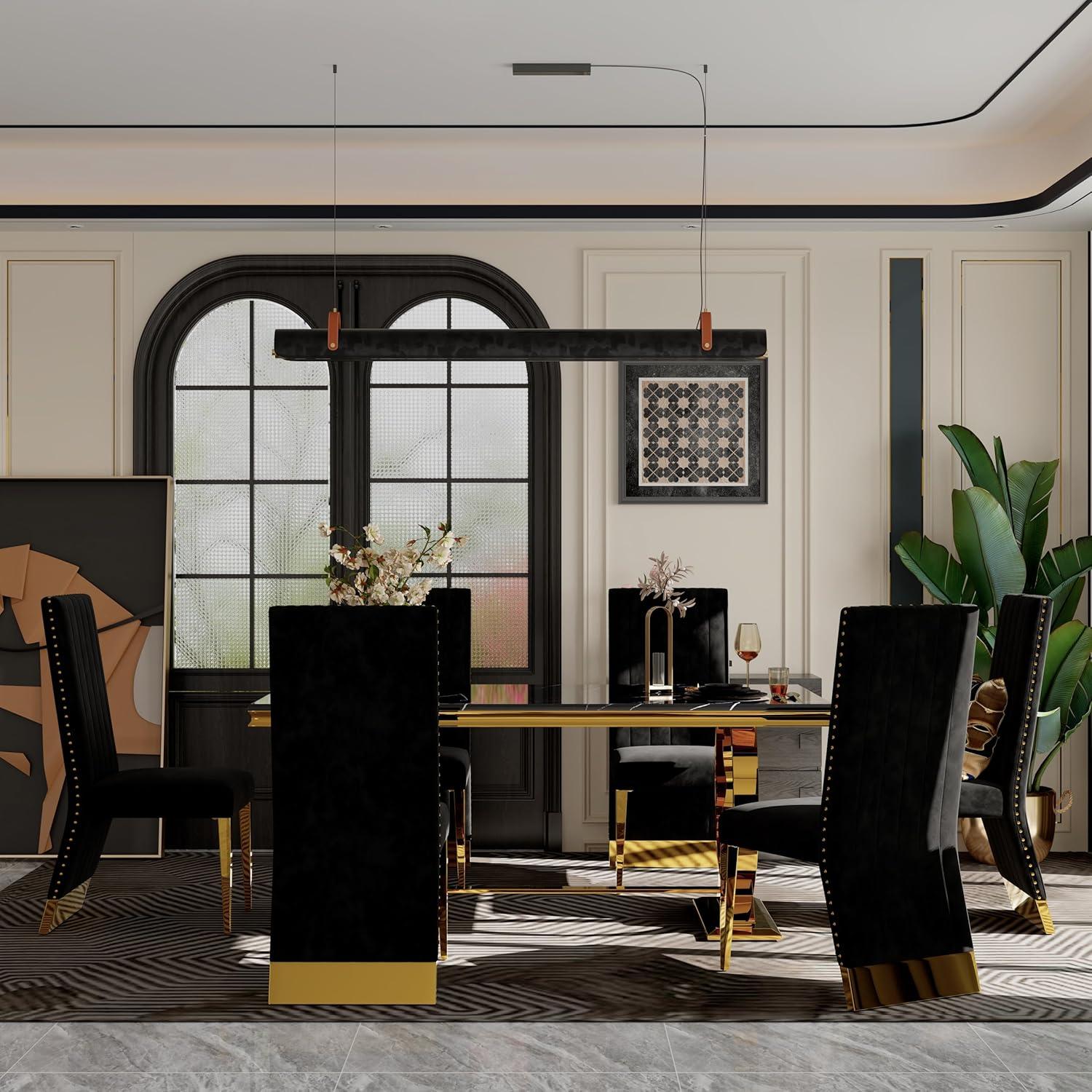 7 Pieces Black and Gold Dining Table Set, Kitchen and Dining Room Table Set with 6 Black Velvet Upholstered Chairs, 72" Rectangular Dining Table Set for 6