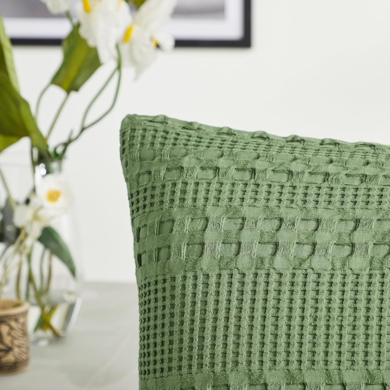 VHC Brands Waffle Weave Olive Green Standard Sham Set of 2 20x26, Decorative Throw Pillow Covers / Shams, Boho Farmhouse Bedroom Decor