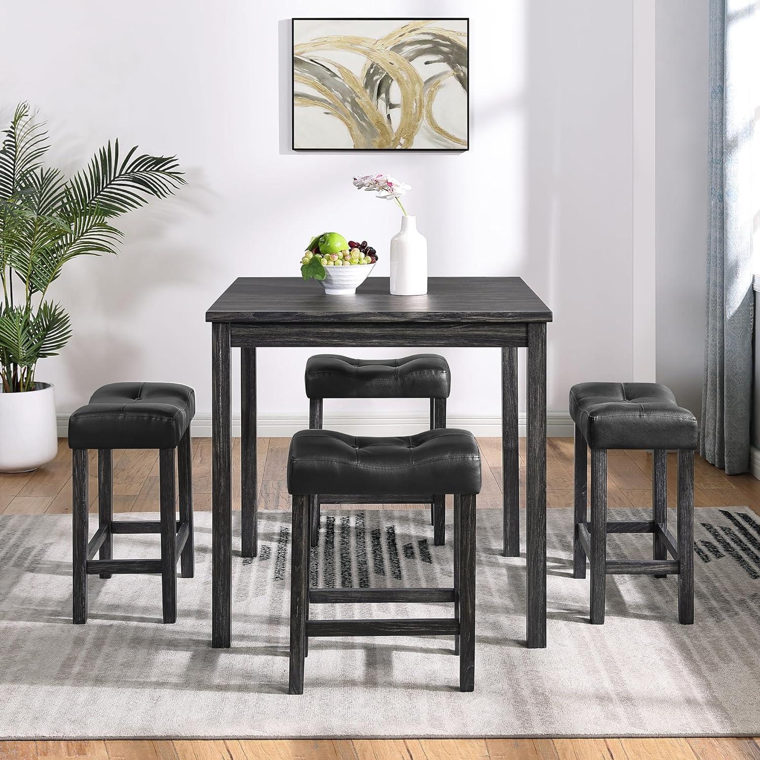 Gray and Brown Rectangular Pub Table Set with 4 Upholstered Chairs