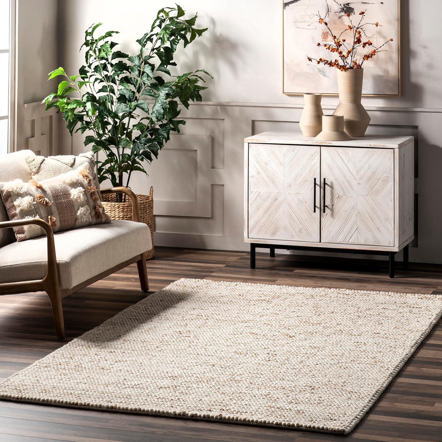 Handmade Ivory and Beige Wool Rectangular Area Rug