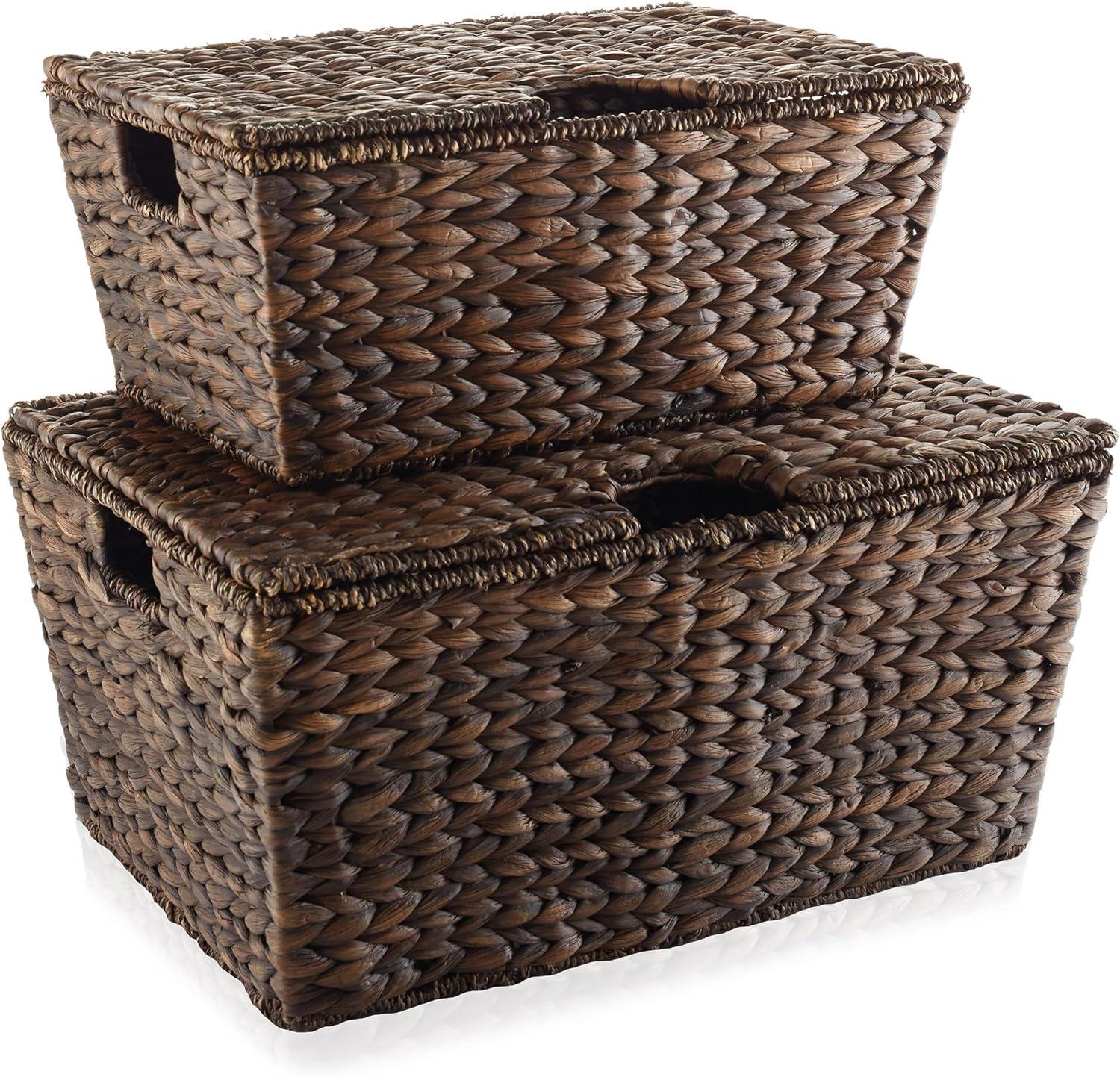 Casafield Water Hyacinth Lidded Storage Basket Sets,  Multipurpose Organizer Totes with Tapered Bottoms