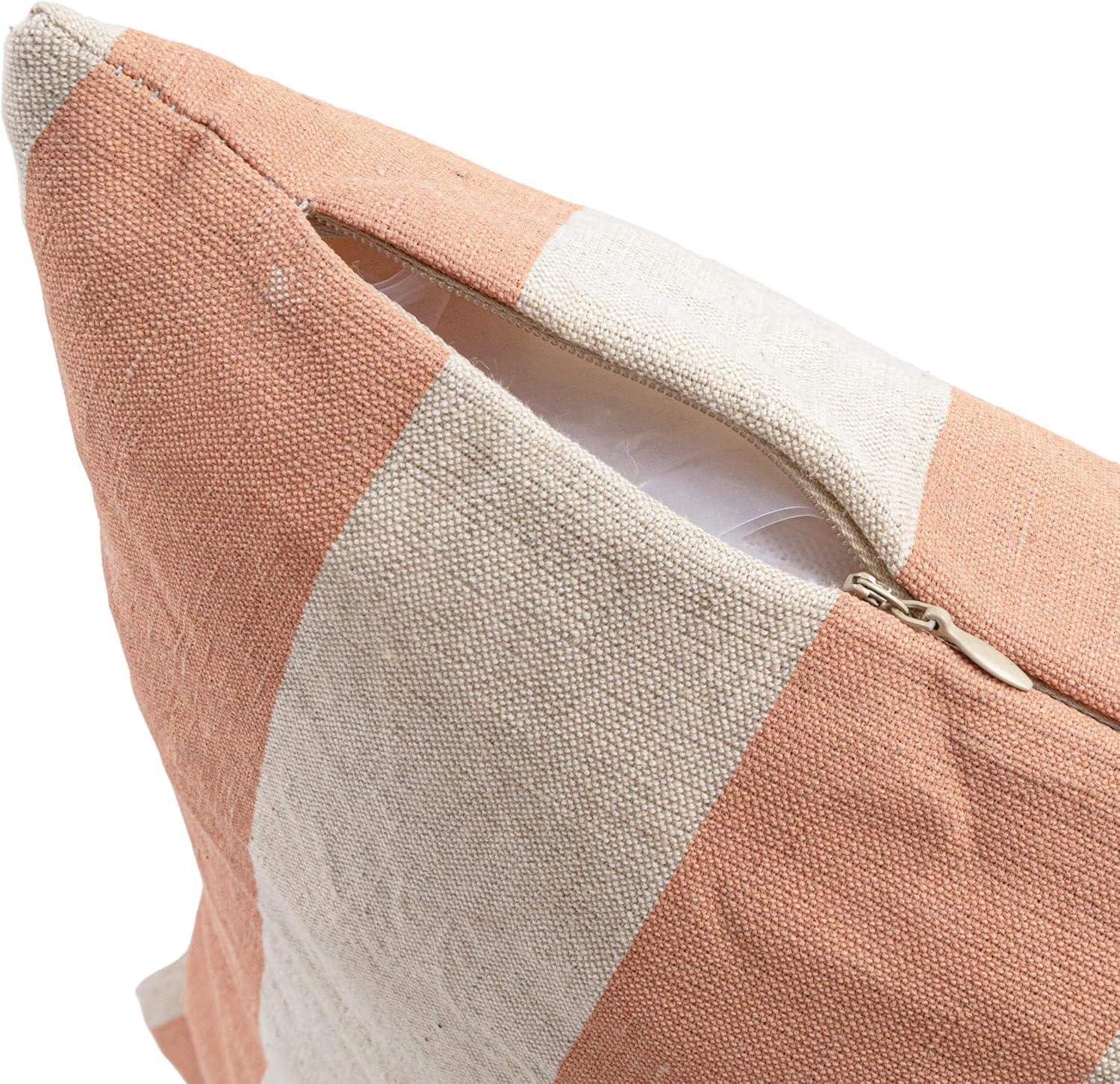 Pink and Natural Striped Cotton Linen Square Pillow