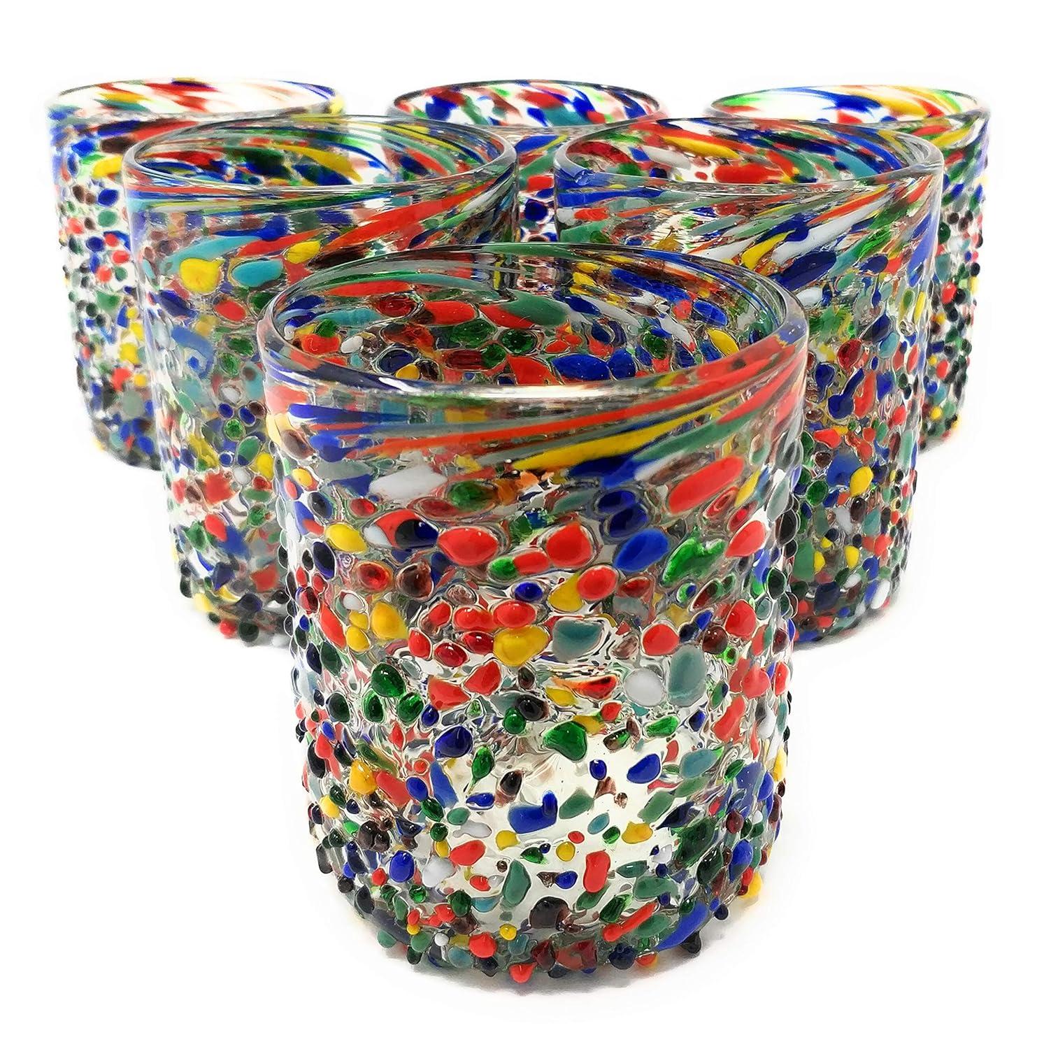 Dos Sueños Dos Suenos Hand Blown Mexican Drinking Glasses - Set of 6 Confetti Rock Tumbler Glasses (10 oz each)