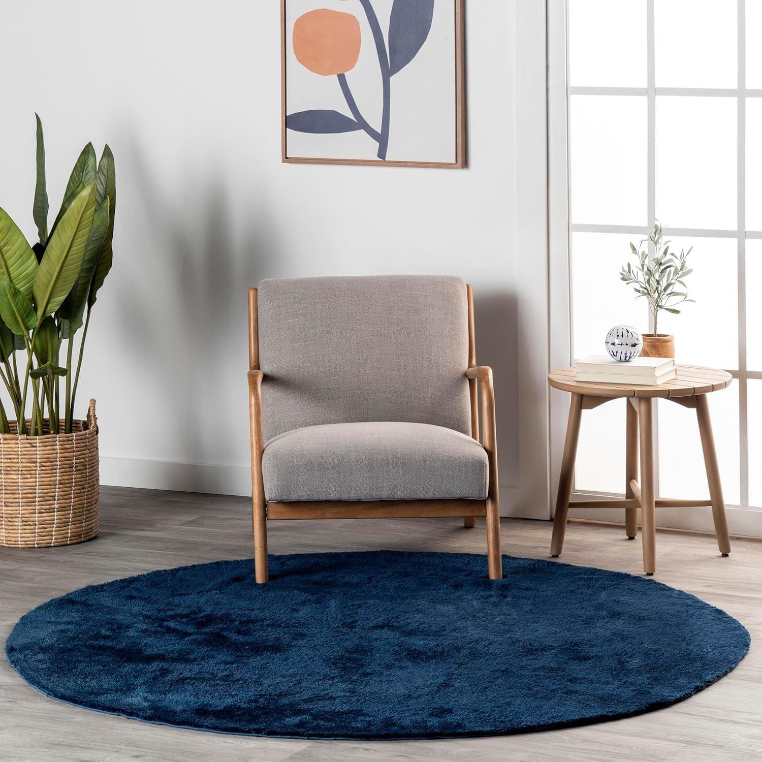 Nuloom Loni Solid 4 Round Machine Washable Accent Shag Indoor Area Rug for Living Room Bedroom Dining Room Nursery Entryway, Navy/Ivory