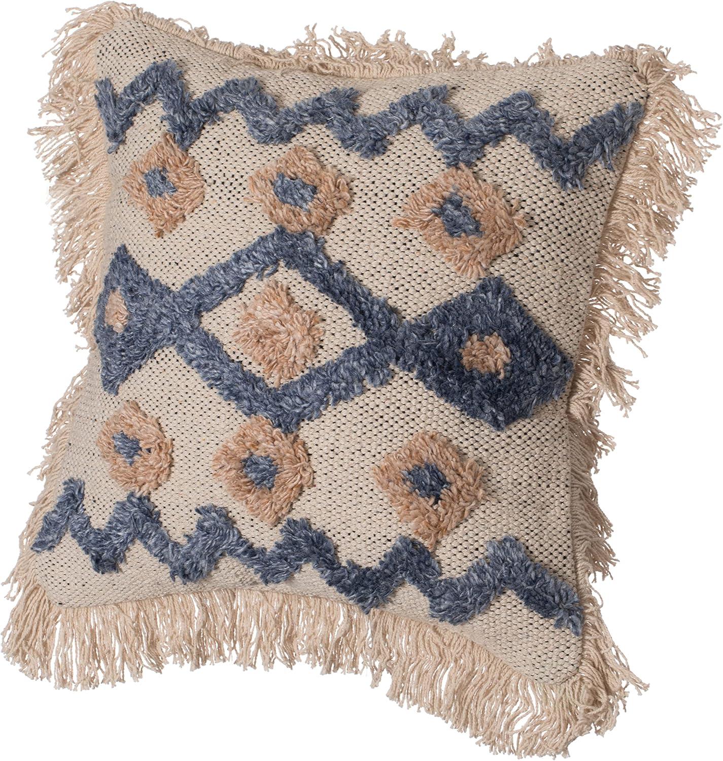 DEERLUX 16" Handwoven Cotton & Silk Throw Pillow Cover with Embossed Zig Zag, Blue & Beige