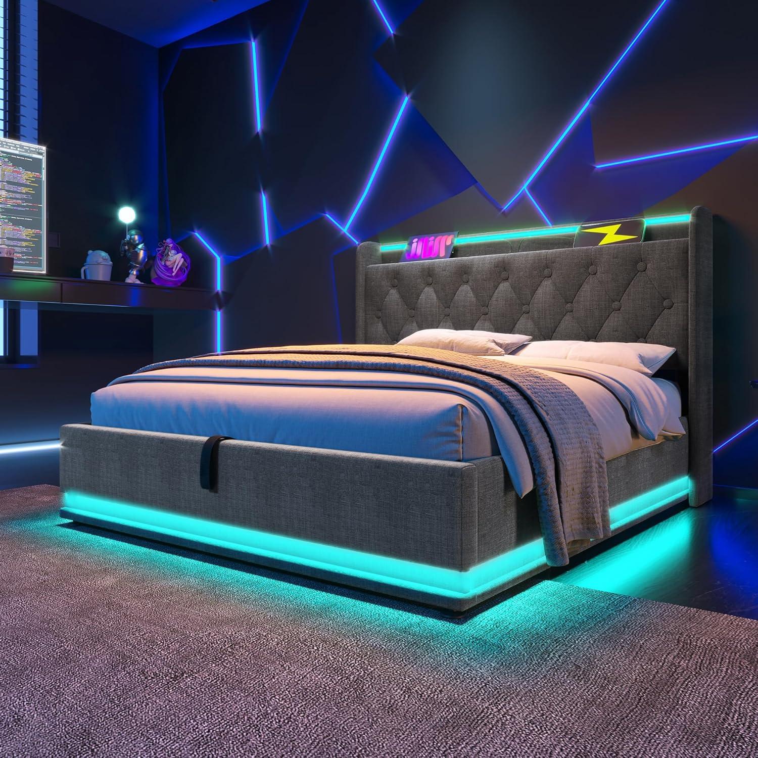 King Size Lift up Storage Platform Bed with 360 Degree Surround LED Light, Bedroom Upholstered Hydraulic Smart Bed Frame, No Noise, No Spring Mattress Required, Easy to Assemble (Gray, King)