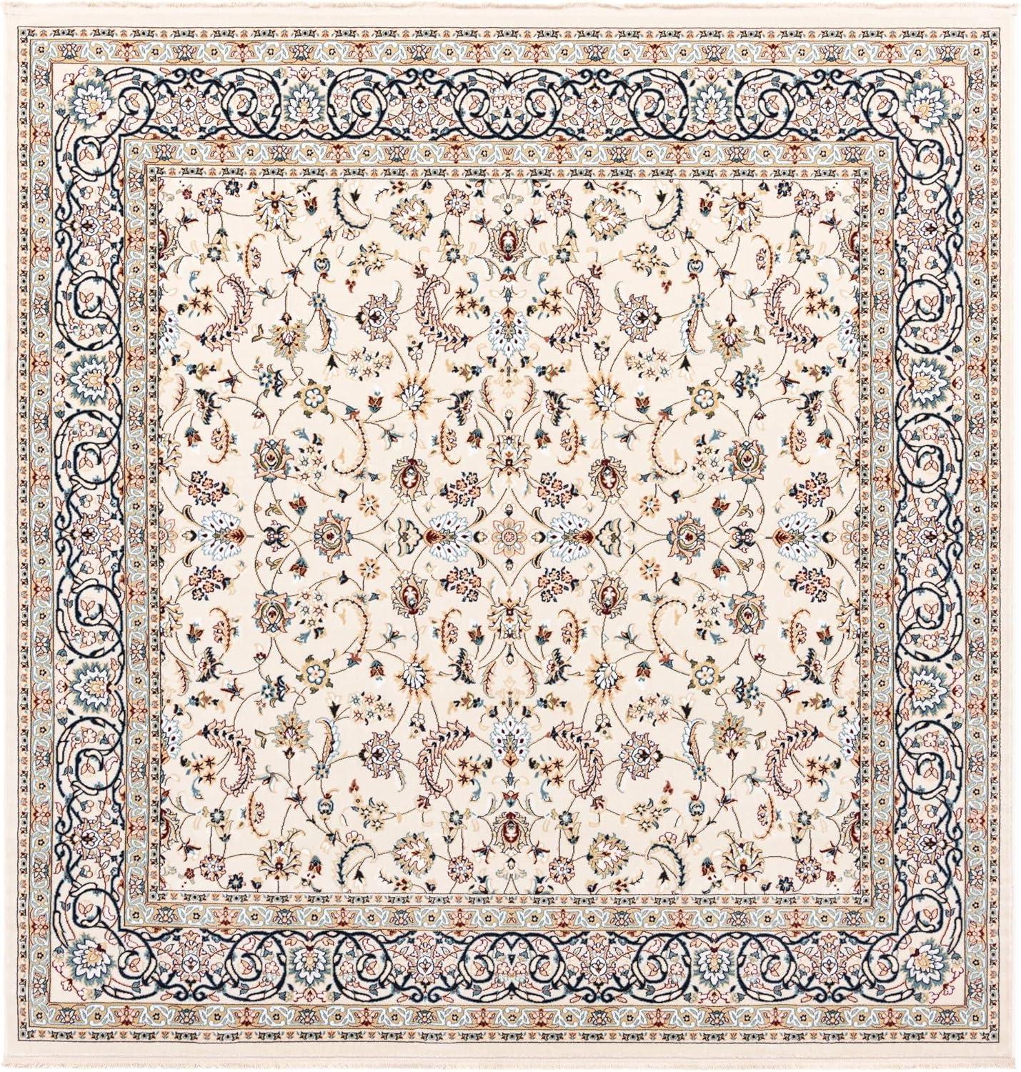 Ivory and Blue Synthetic Square Stain-Resistant Area Rug