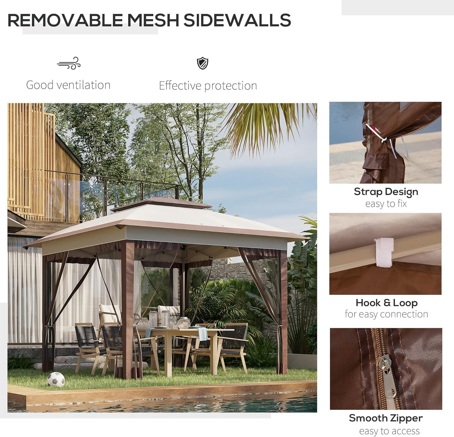 Outsunny 12' x 12' Pop Up Canopy Heavy Duty Sun Shade Instant Tent Folding with Center Lift Hook Design, 3-Level Adjustable Height, Beige